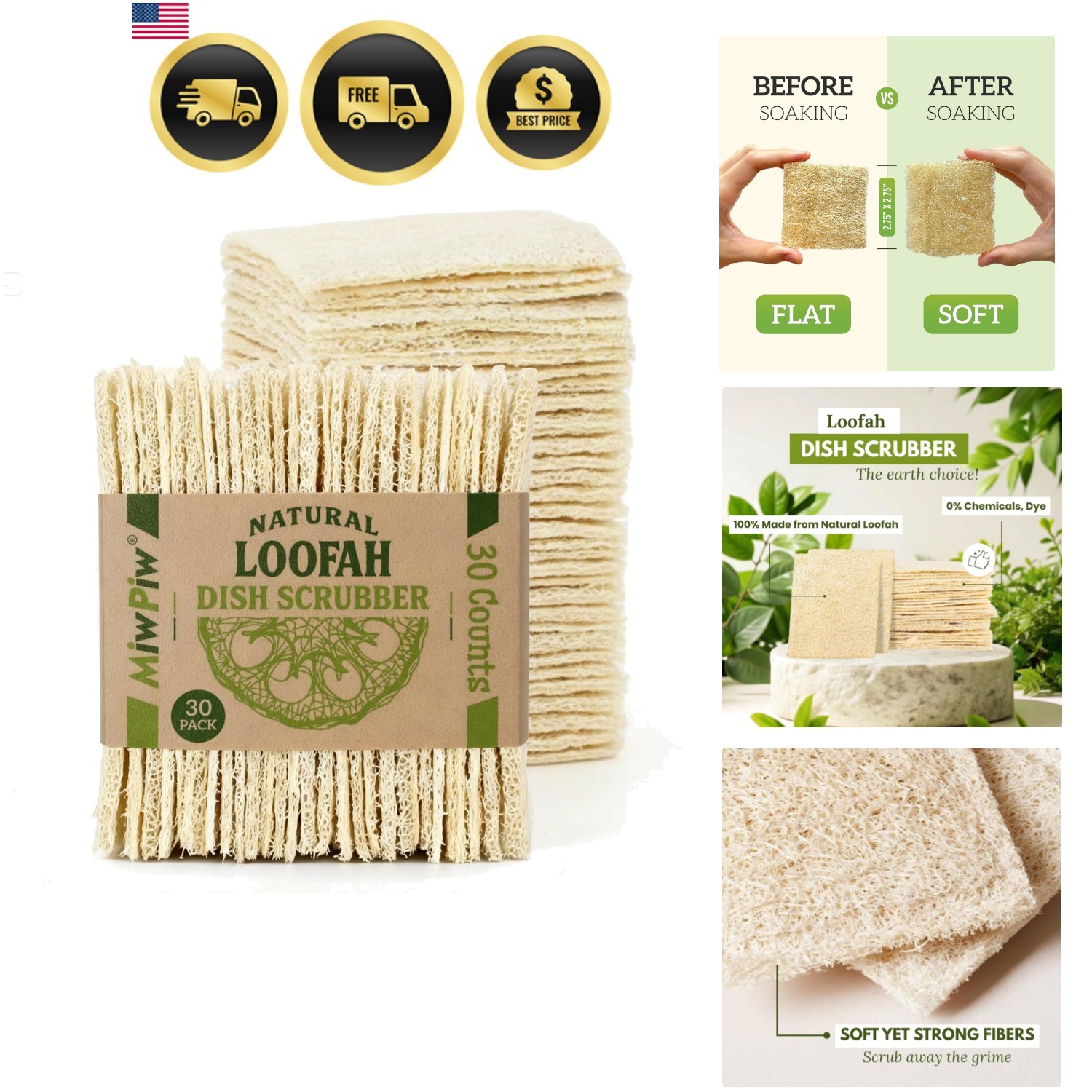 Natural Loofah Dish Sponge Pack 30 Multipurpose Dish Sponges – 100% Biodegrad…