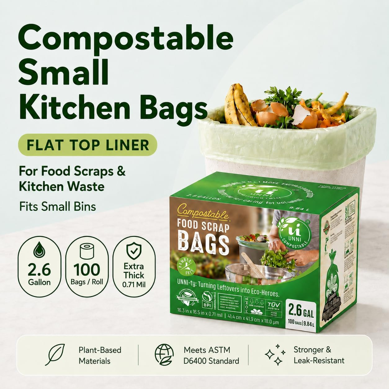 UNNI Compostable Trash Bags, 2.6 Gallon / 9.84 Liter, 100 Count, Extra Thick 0.7