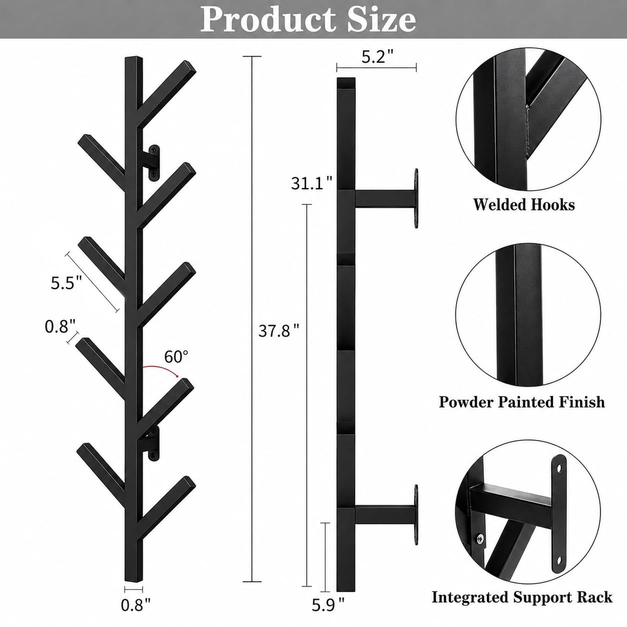 Black Wall Mounted Metal Coat Rack 9 Hooks Modern Minimalist Clothes Hat Iron