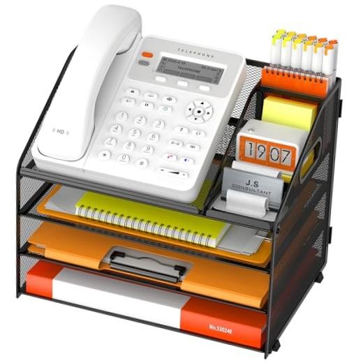 4 Tier Metal Mesh Desk File Organizer with Phone 12.6″ x 9.1″ x 10.3″ Black