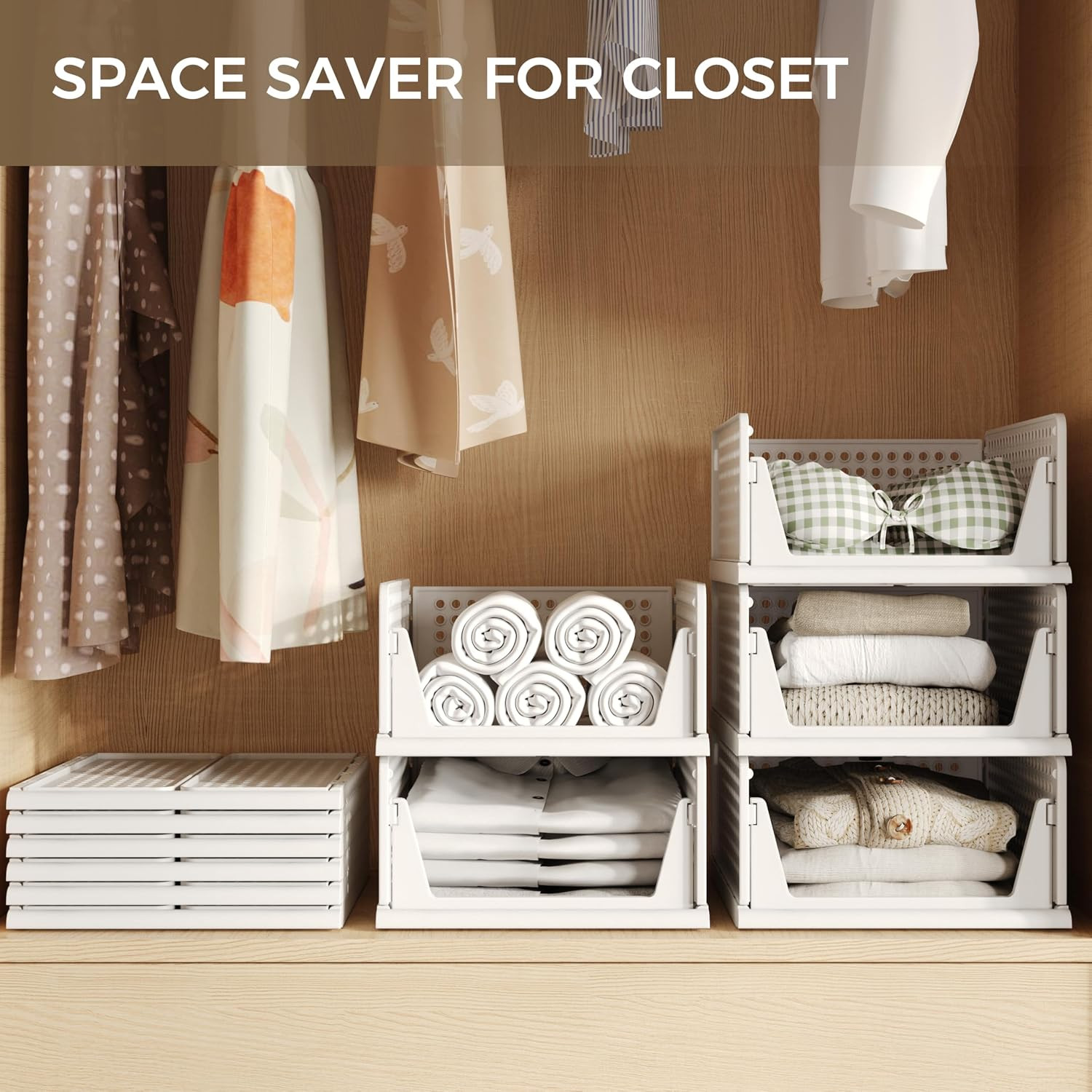 6 Pack Closet Organizer Storage Bins Plastic Stackable Foldable White for