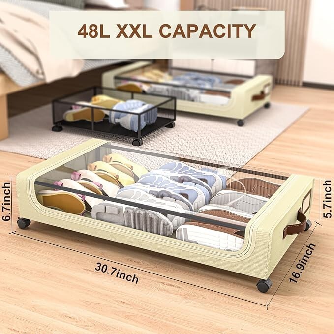 GoMaihe XXL Under Bed Storage | 2-Pack Rolling Bins with Clear Lids for Clothes