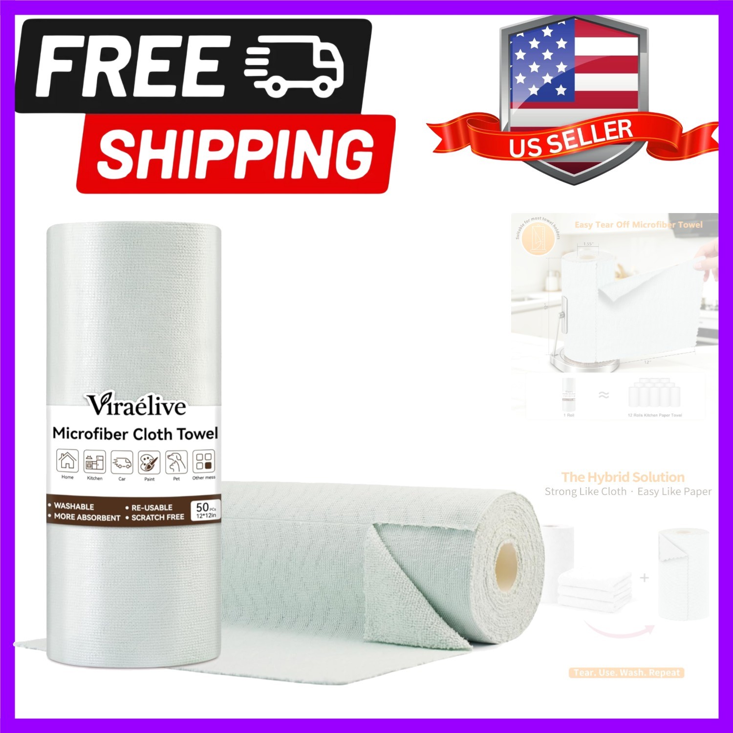 Microfiber Cleaning Cloth Roll, 50 Tear-Away Sheets, Reusable & Washable, Lin…