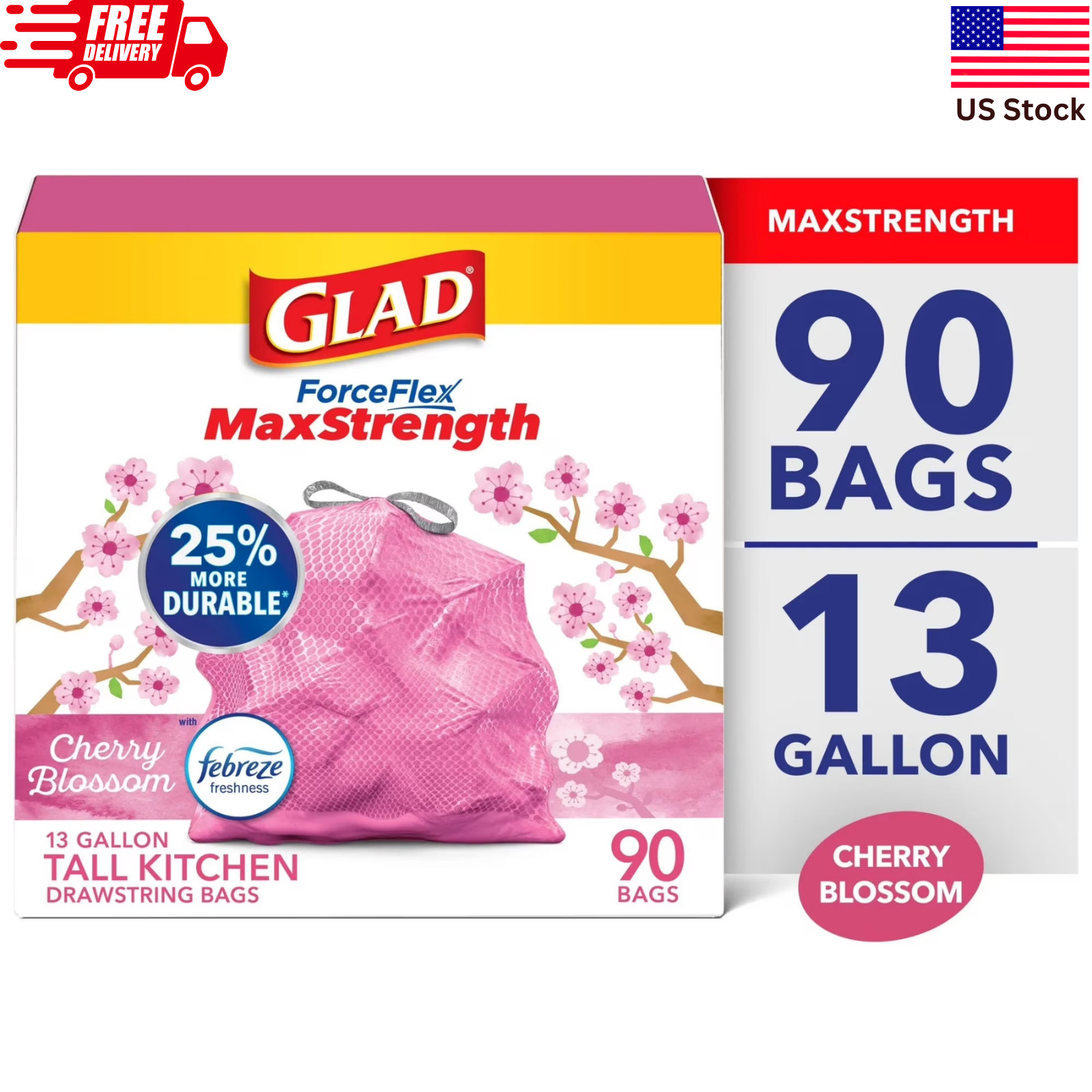Glad ForceFlex Tall Kitchen Trash Bags 13 Gal – 90ct – Cherry Blossom Febreze
