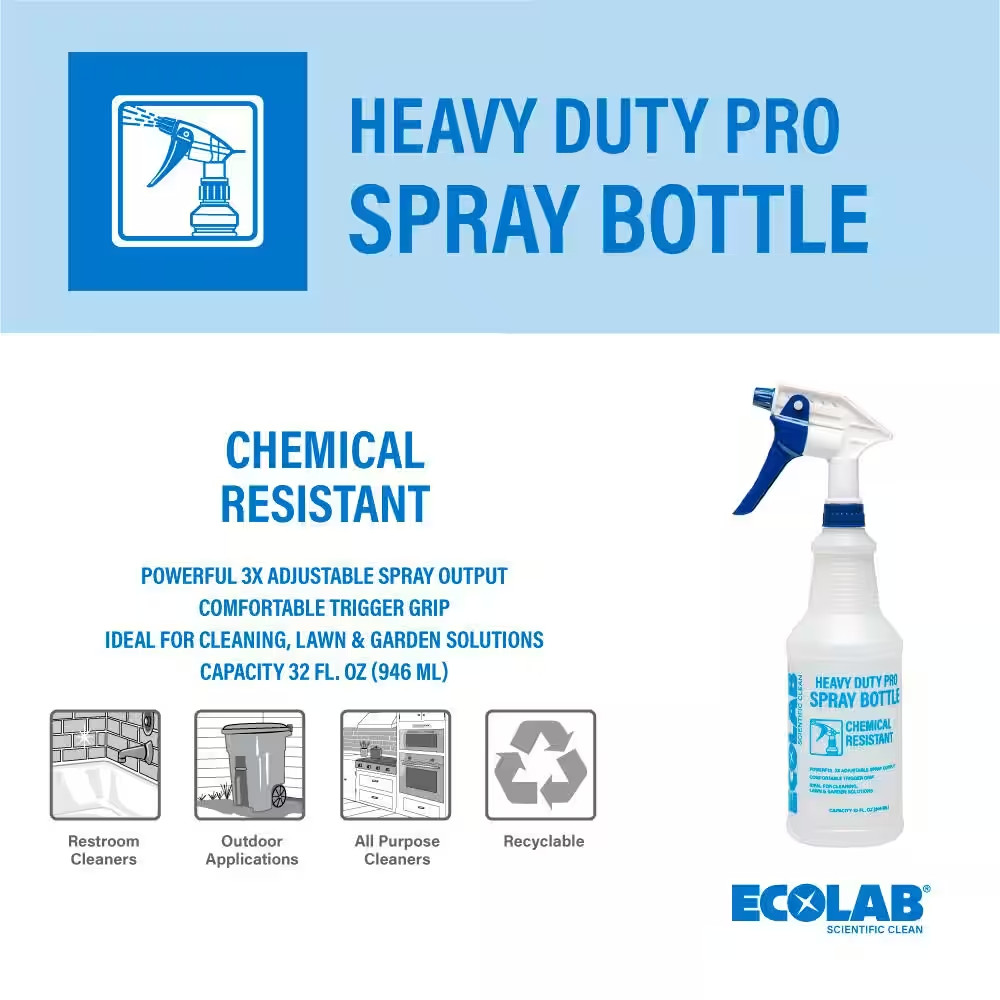 Ecolab Heavy Duty Pro Spray Bottle 32 Oz Chemical Resistant High-Output Sprayer