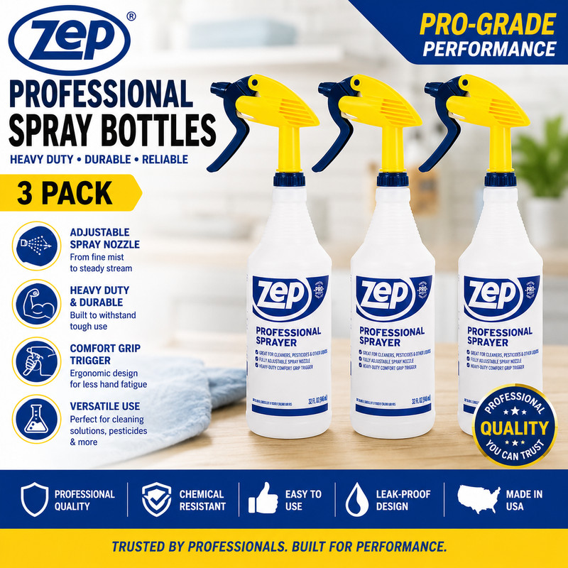 Zep Professional 32oz Spray Bottles 3 Pack Heavy Duty Commercial Cleaning Mist