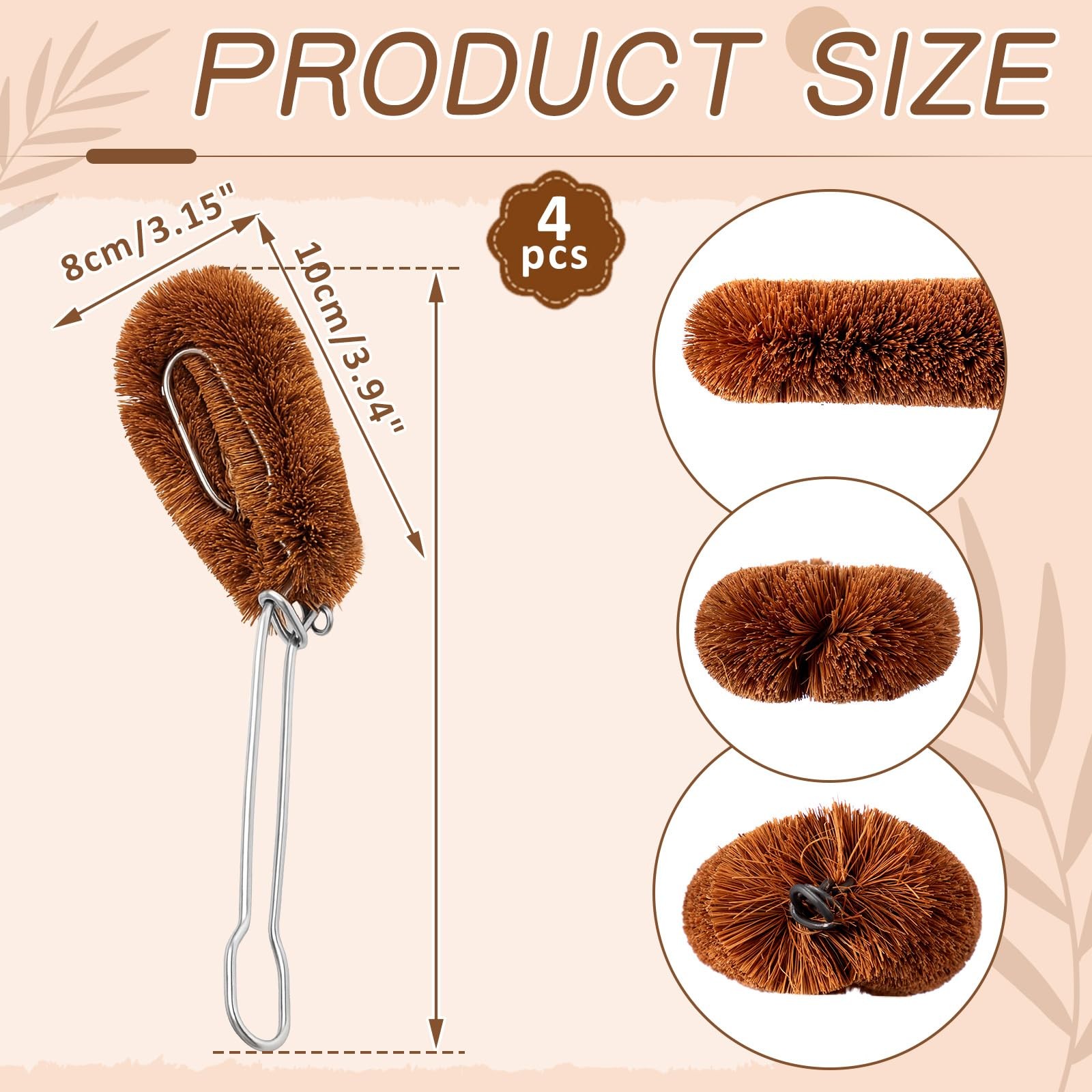 Tawashi 100% Natural Coconut Coir Fiber Brush with Handle, 4 Vegetable Scrub …