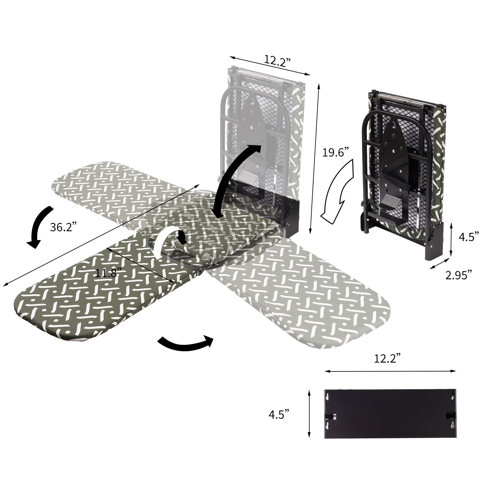 Wall-Mounted 180° Rotating Steel Frame Folding Ironing Board with iron holder