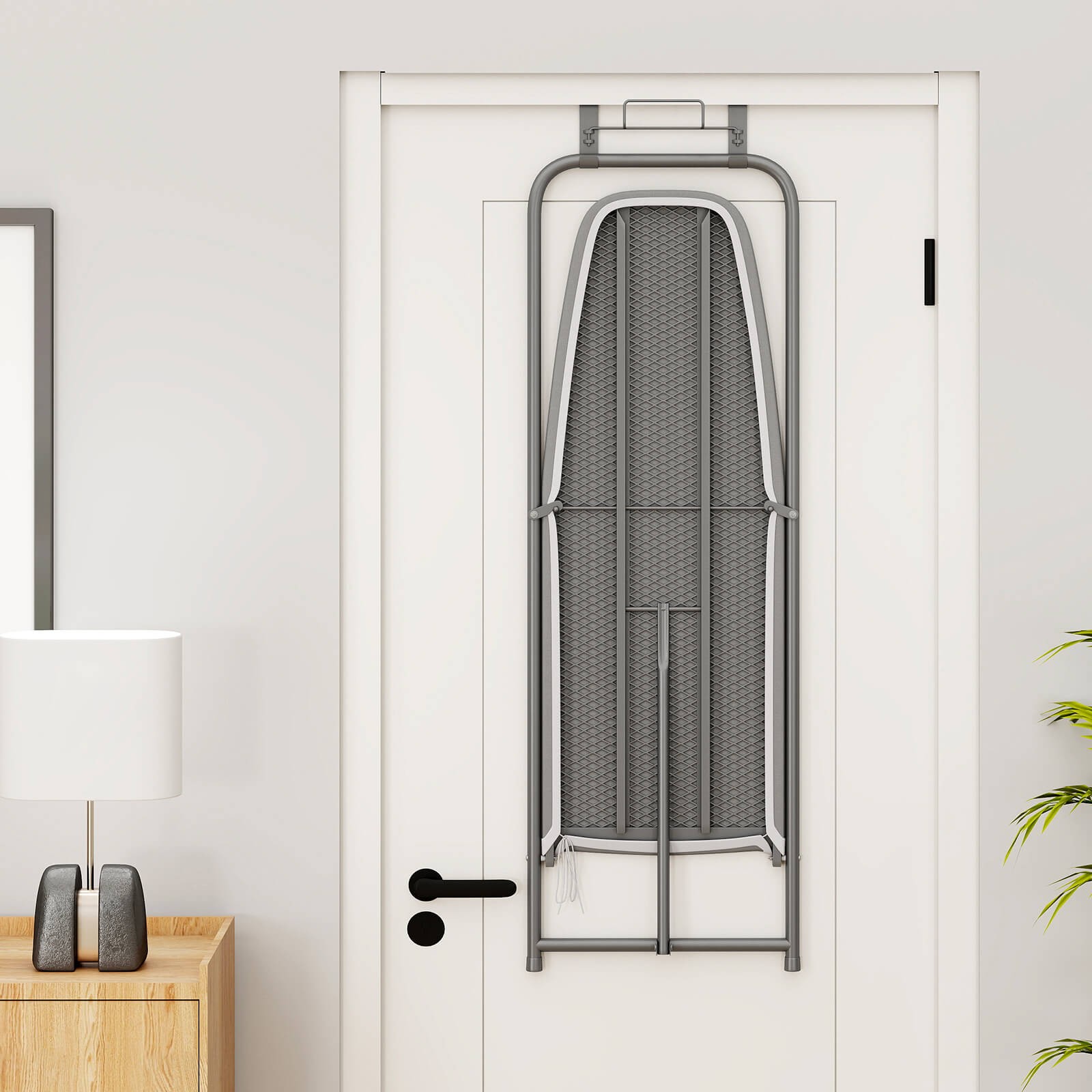 Space-Saving Over the Door Ironing Board w/ Iron Holder & Cotton Cover Gray