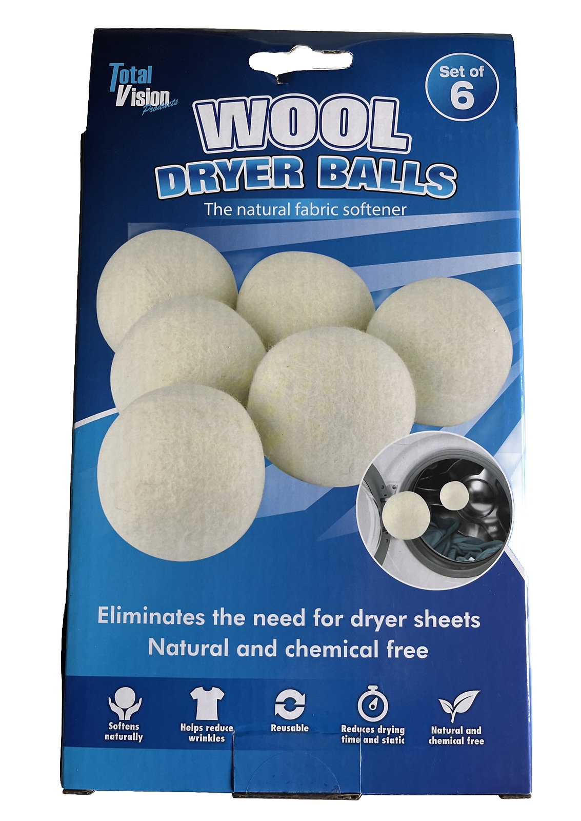 Total Vision Wool Dryer Balls Natural Fabric Softener Set Of 6 Reduces Wrinkles