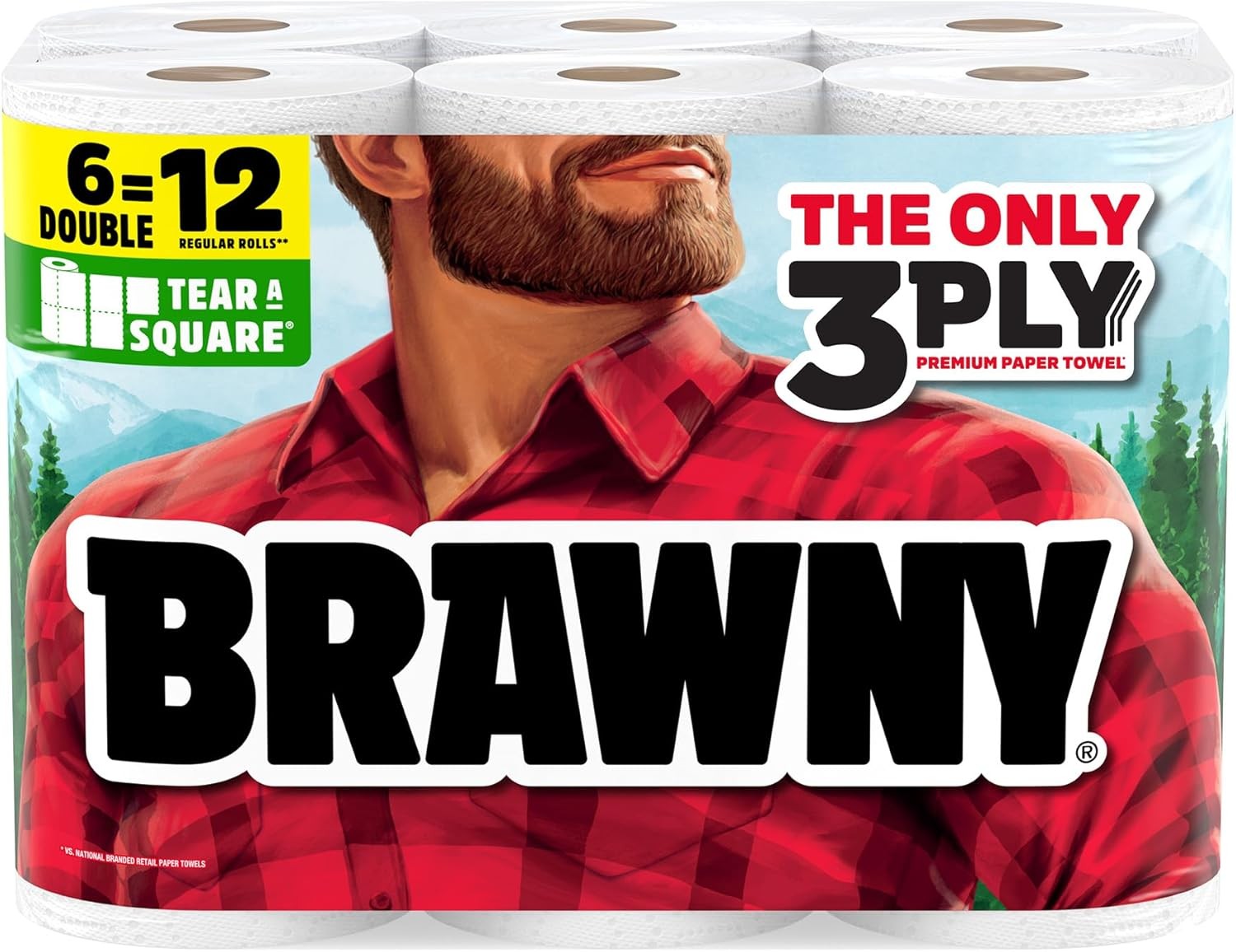 Brawny Strong Tear-A-Square 3-Ply Paper Towels 6 Double Rolls = 12 Regular Rolls