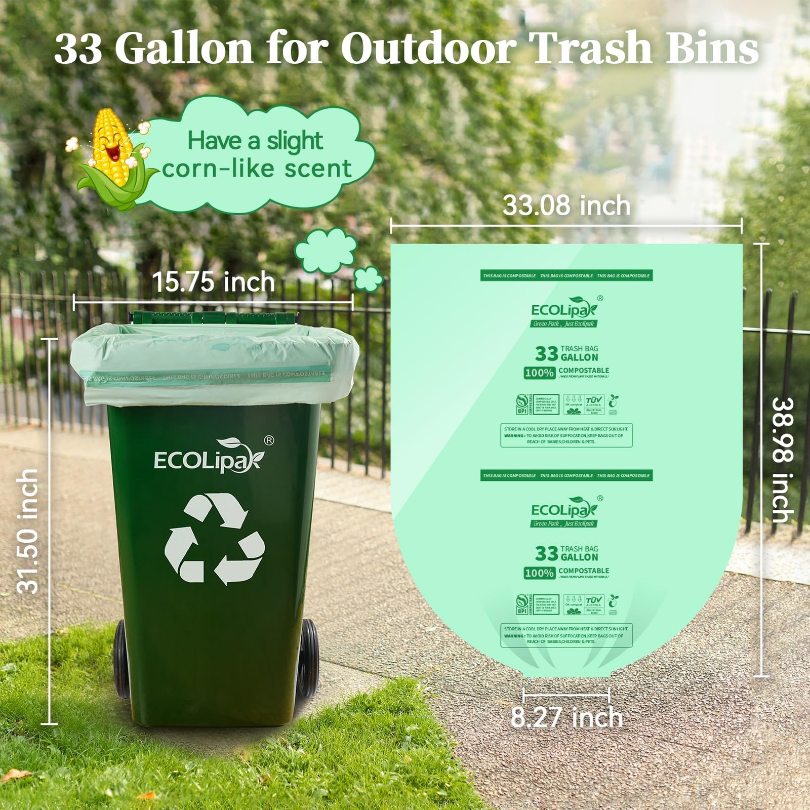 ECOLipak 33 Gallon Compostable Trash Garbage Bags, 50 Count (2 Rolls) Biodegr…