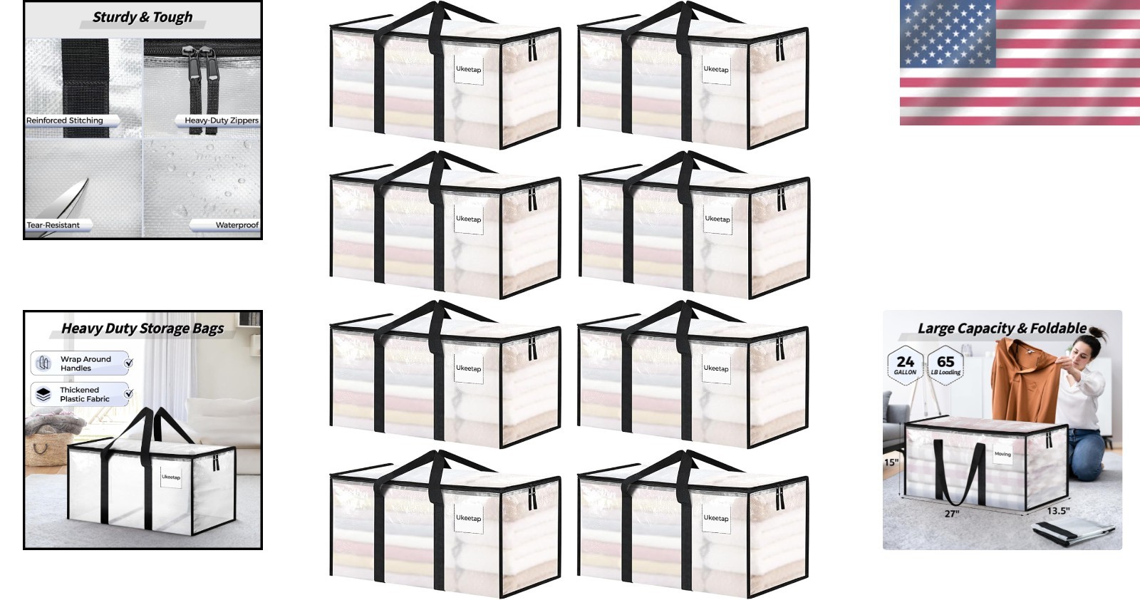 8 Heavy-Duty Clear Moving Bags with Lids – Extra Large and Water Resistant