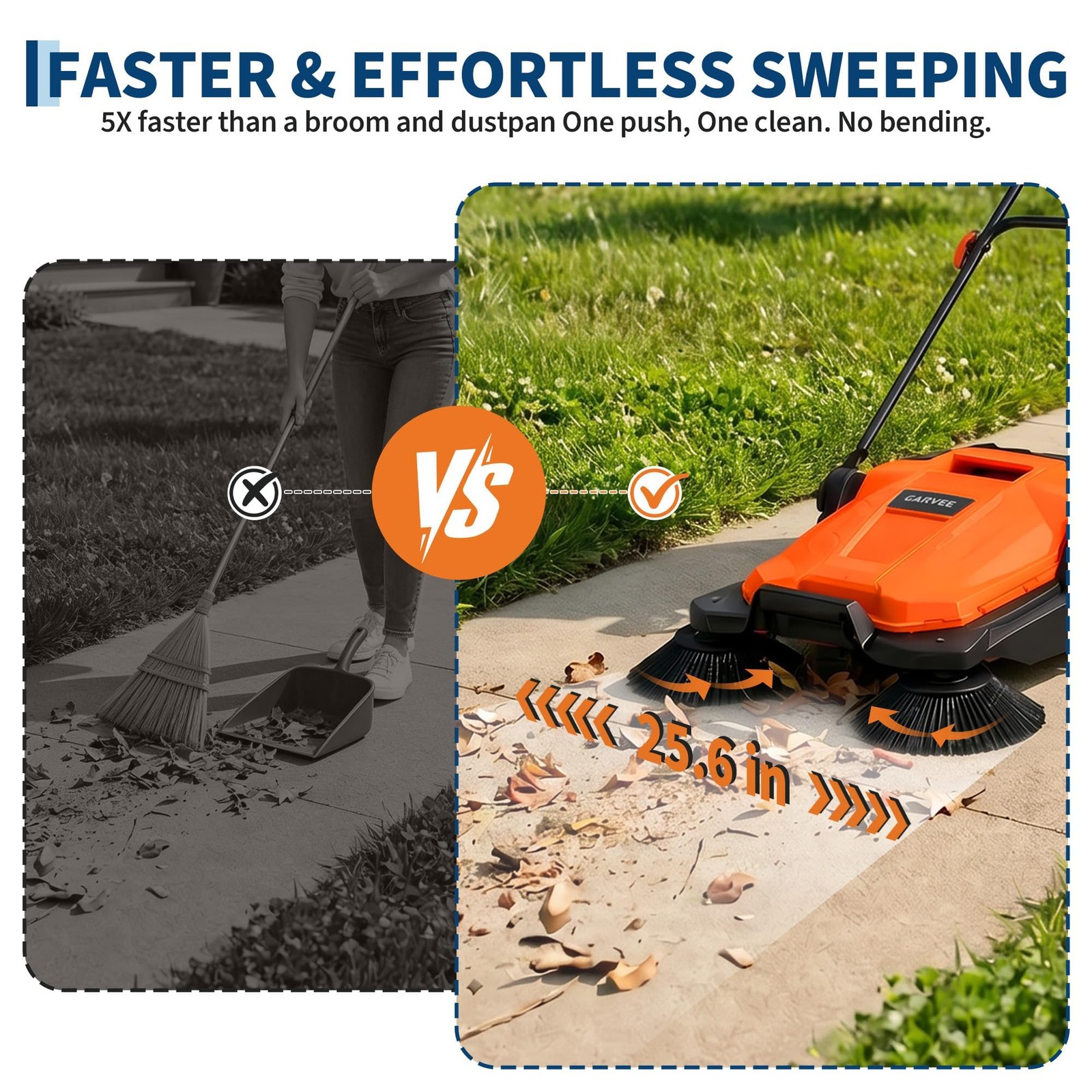 Walk-Behind Hand Push Floor Sweeper ,25.6″ Sweeping Width Manual for Patio Yard