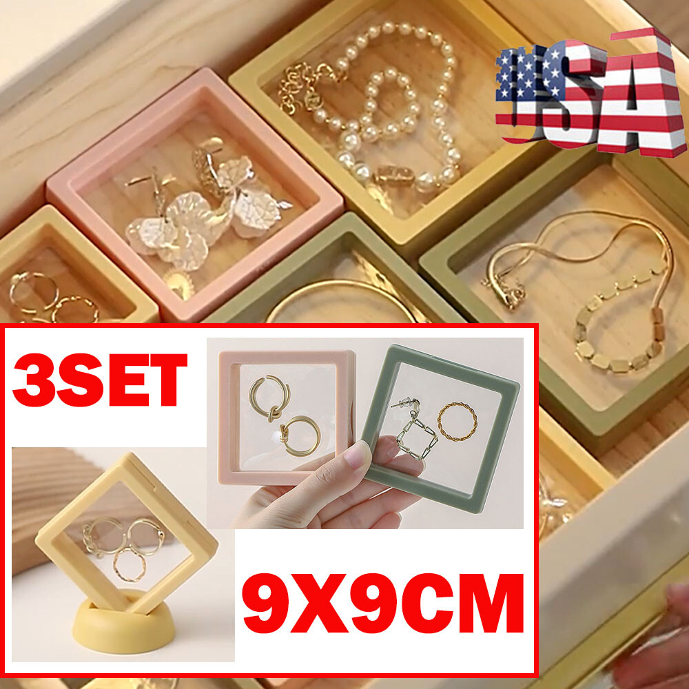 (3 Set) PE Film Jewelry Storage Box & Base 9*9cm Rings Earrings Holders Display