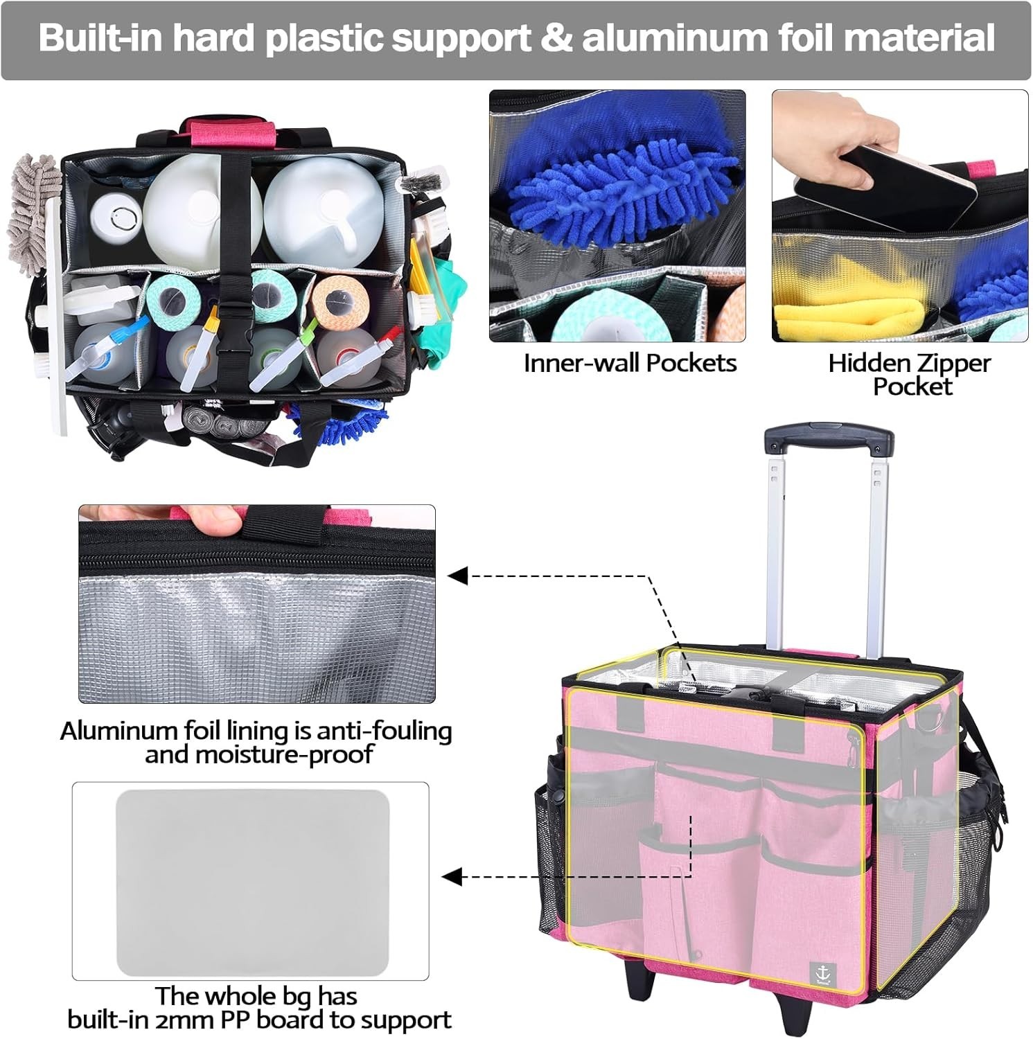 Waterproof Extra Large Cleaning Caddy with Multiple Pockets & Detachable Trolley