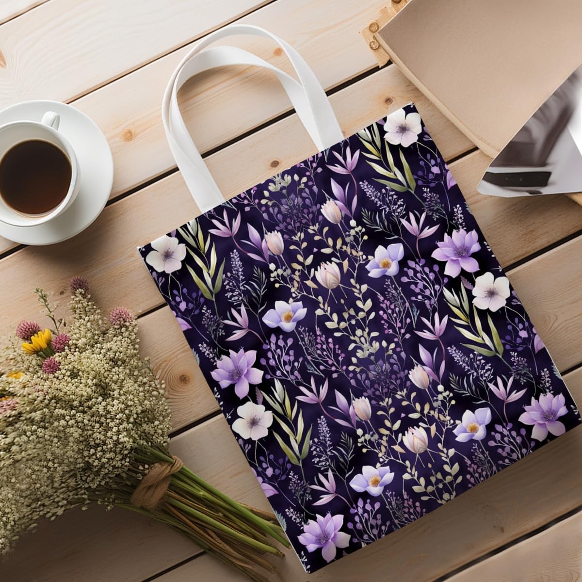 Purple Flower Tote Bag for , Reusable Beach Bag Grocery Shopping Bag, Grandma…