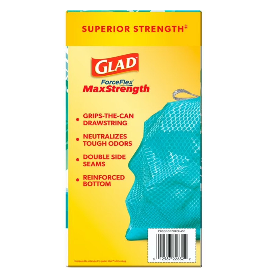 Glad ForceFlex MaxStrength Tall Kitchen Drawstring Trash Bags, 13 Gallon, Bahama