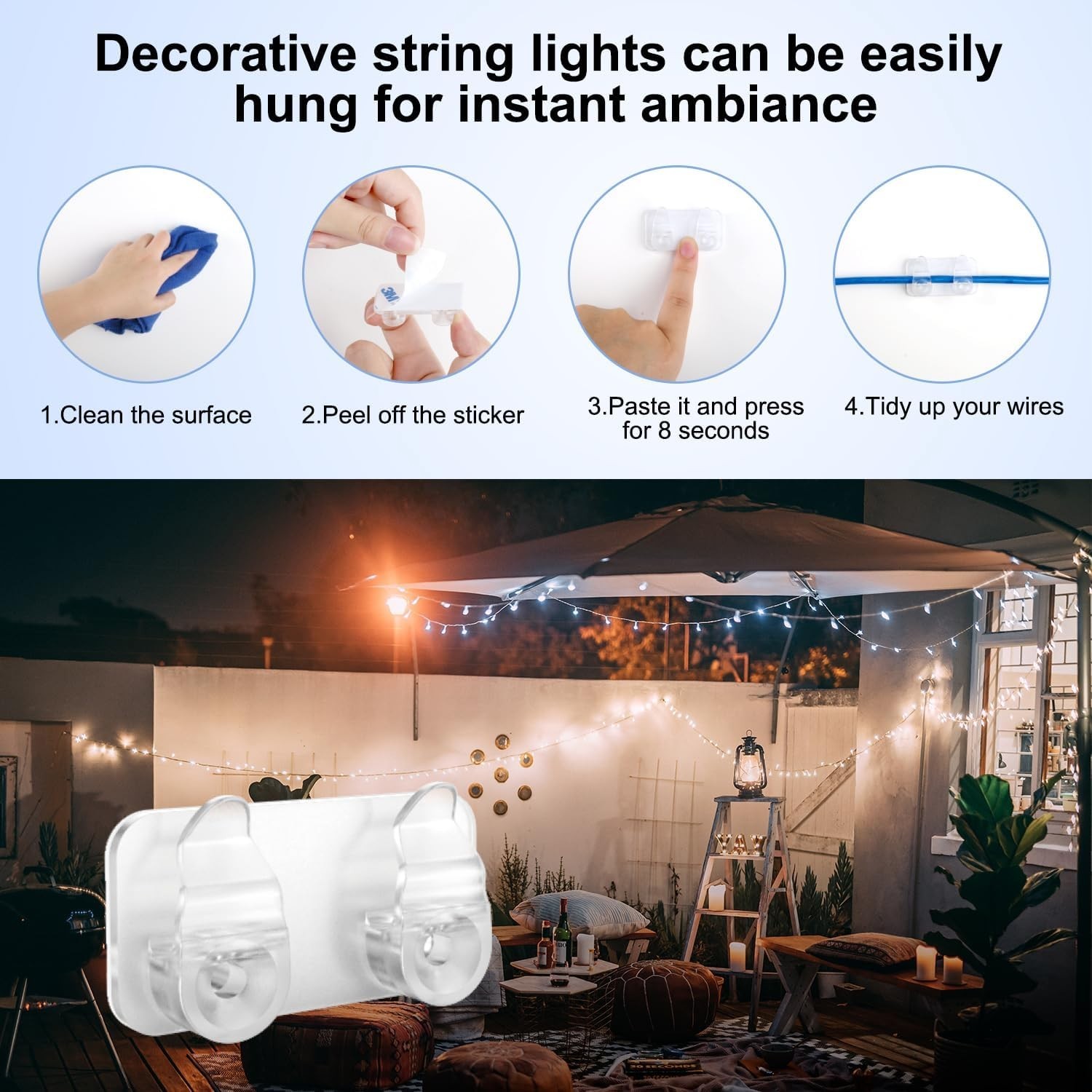 Outdoor Light Clips 50 Pcs Waterproof Adhesive Hooks with Screws for LED Lights