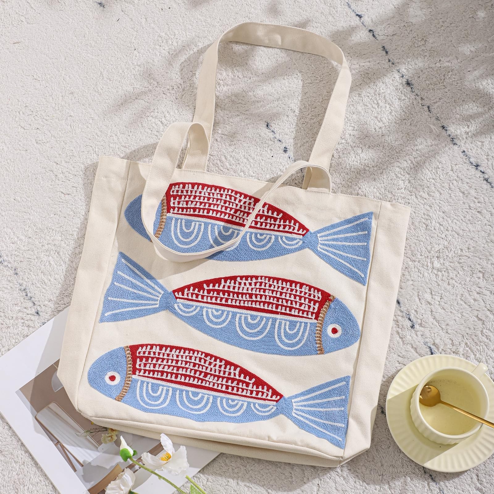 Ocean-Themed Embroidery Tote Bag for Summer Canvas Beach Bag with Magnetic Bu…