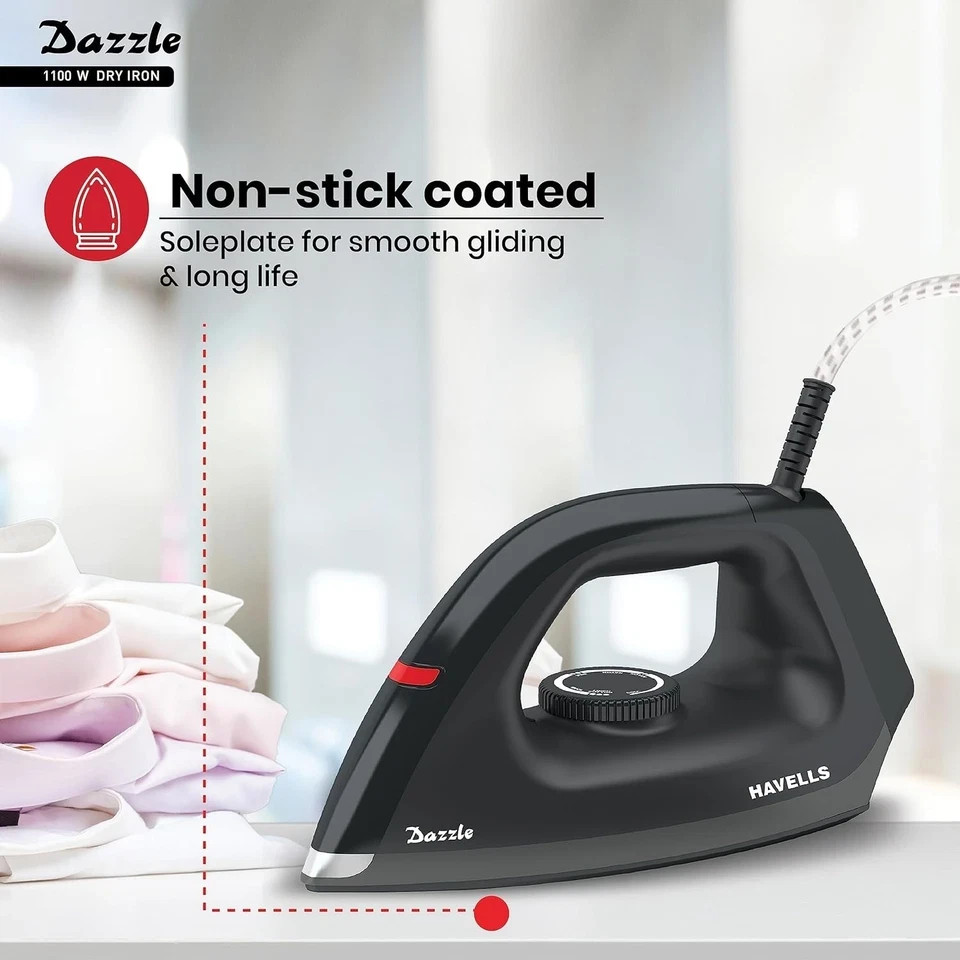 Havells Dry Iron Dazzle 1100 Watts, Iron Press, Greblon Non Sick Soleplate 220V