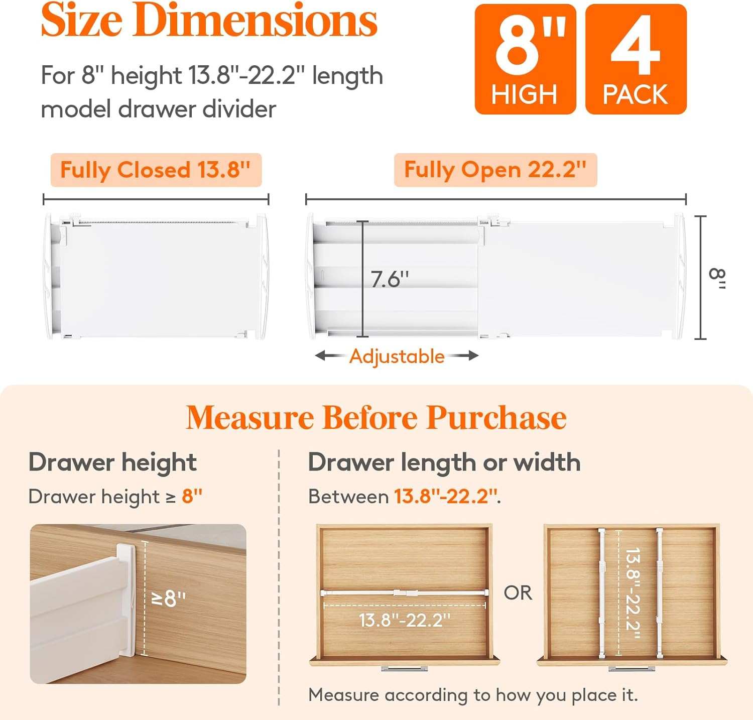 8″ Tall Drawer Dividers, Adjustable Deep Drawer Organizer Clothes | 4 Pack 13.8″
