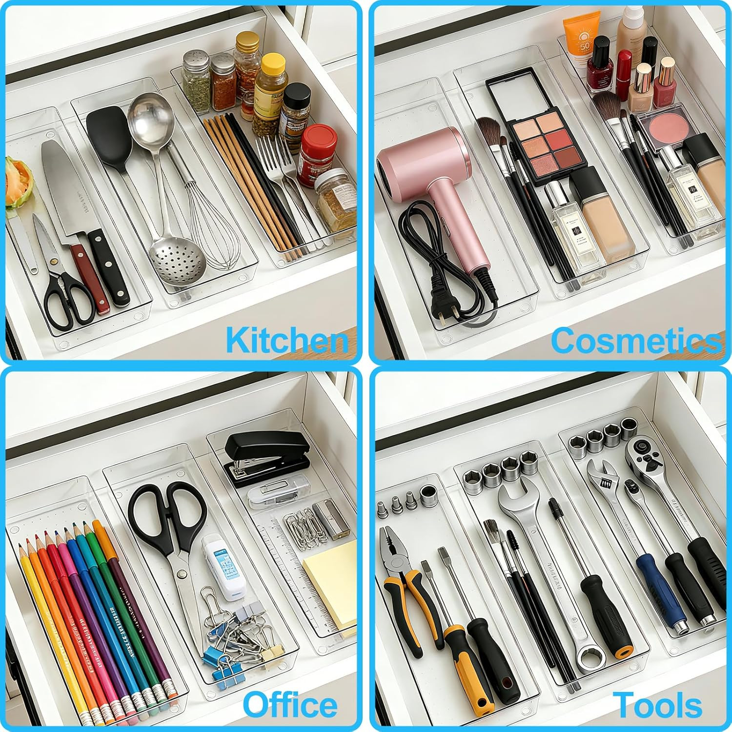 14 Pcs Clear Plastic Drawer Organizer Tray with 2 Pcs 15″x6″ Extra Large Trays,
