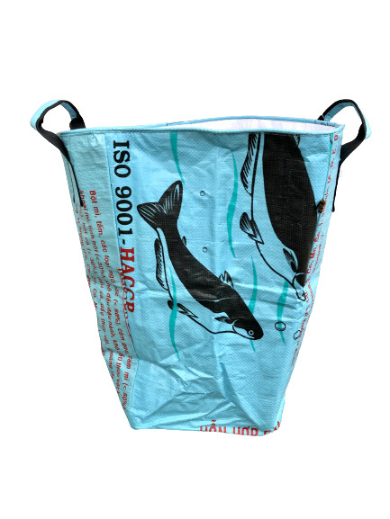Fair Trade Upcycled Laundry Basket made from Recycled Fish Feed Bags in Cambodia