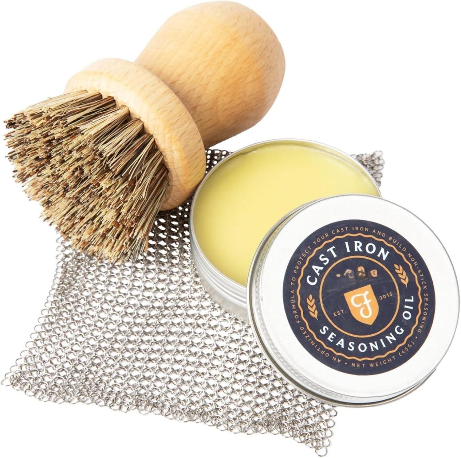 Cast Iron Cleaning Kit with Scrubber Brush and Seasoning Oil