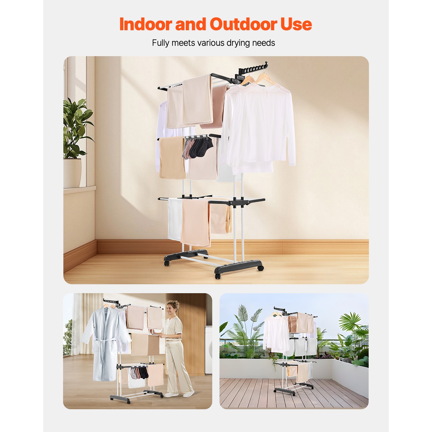 67.5“ Foldable Clothes Drying Rack Rolling Folding 4-Tier Dryer Hanger 4 Castors