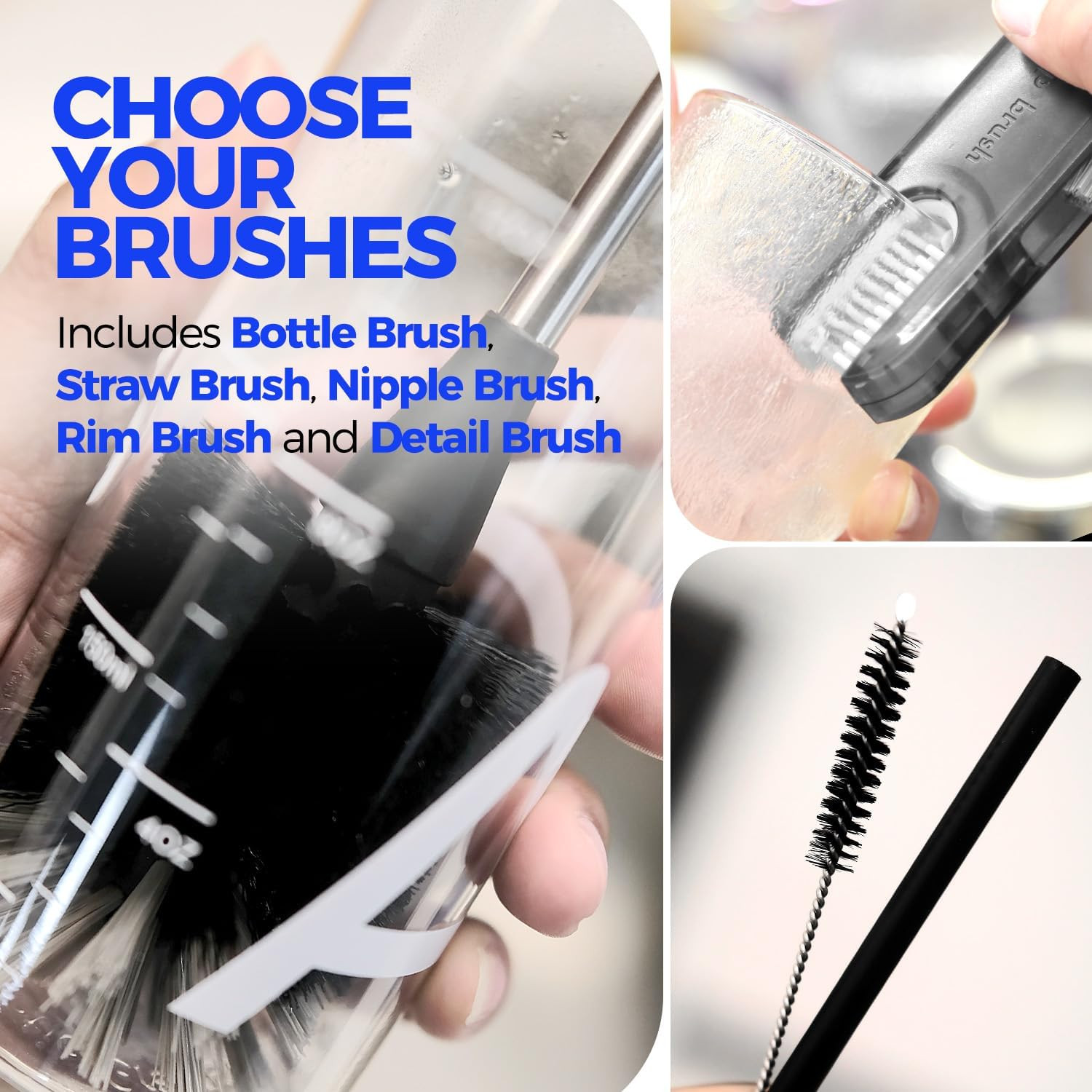 6 Pack Bottle Brush Set, 14″ Long Handle Stainless Steel Bottle Cleaner Brush, 3