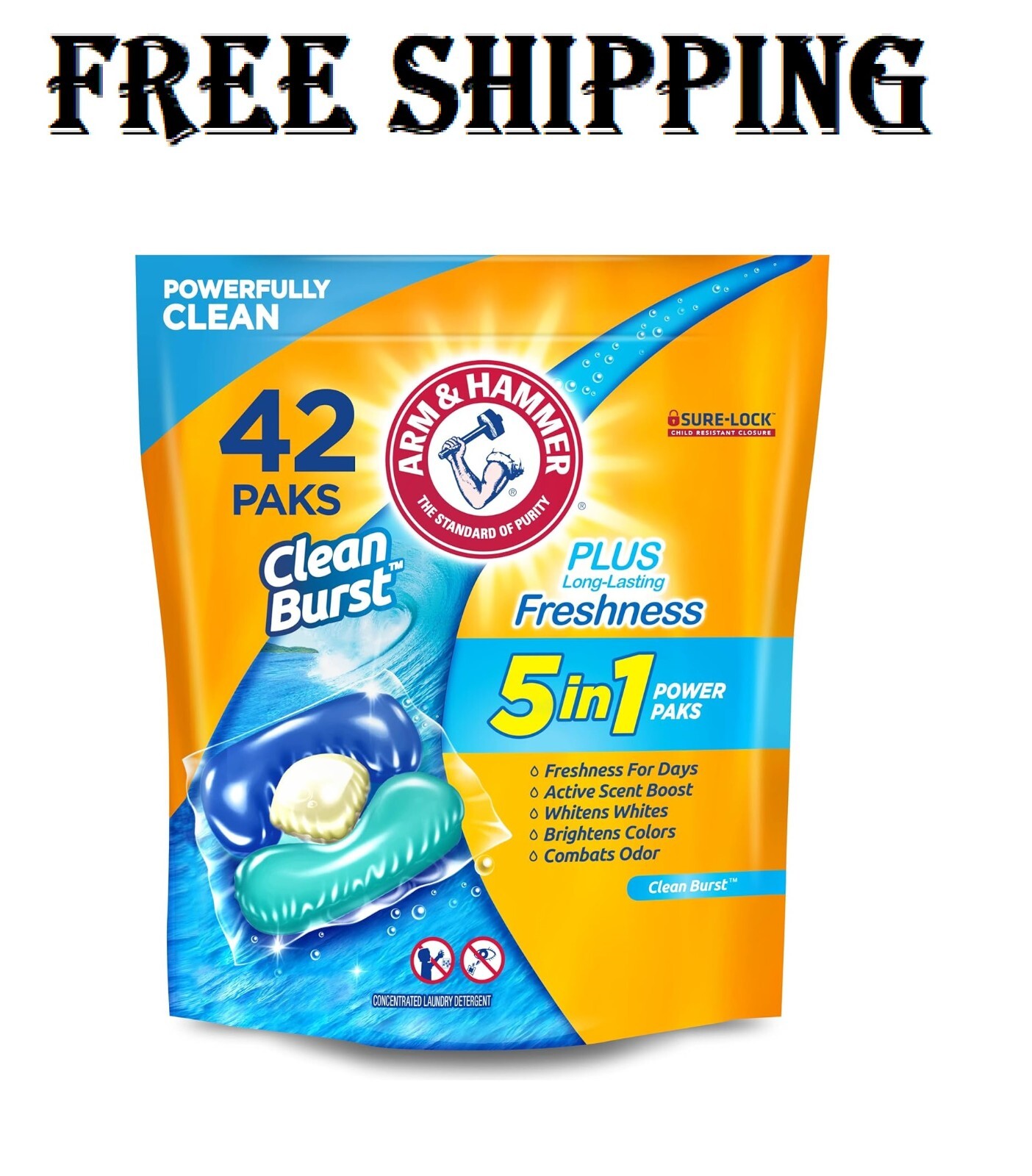 Arm & Hammer Clean Burst 5-in-1 Laundry Detergent Power Paks, 42 Count