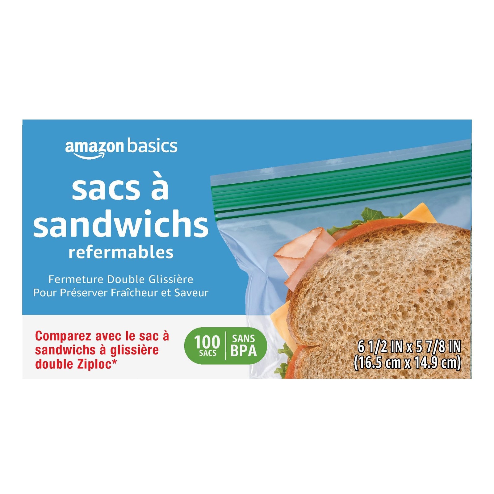 Amazon Basics Reclosable Double Zipper Sandwich 100 Count (Pack of 1), clear