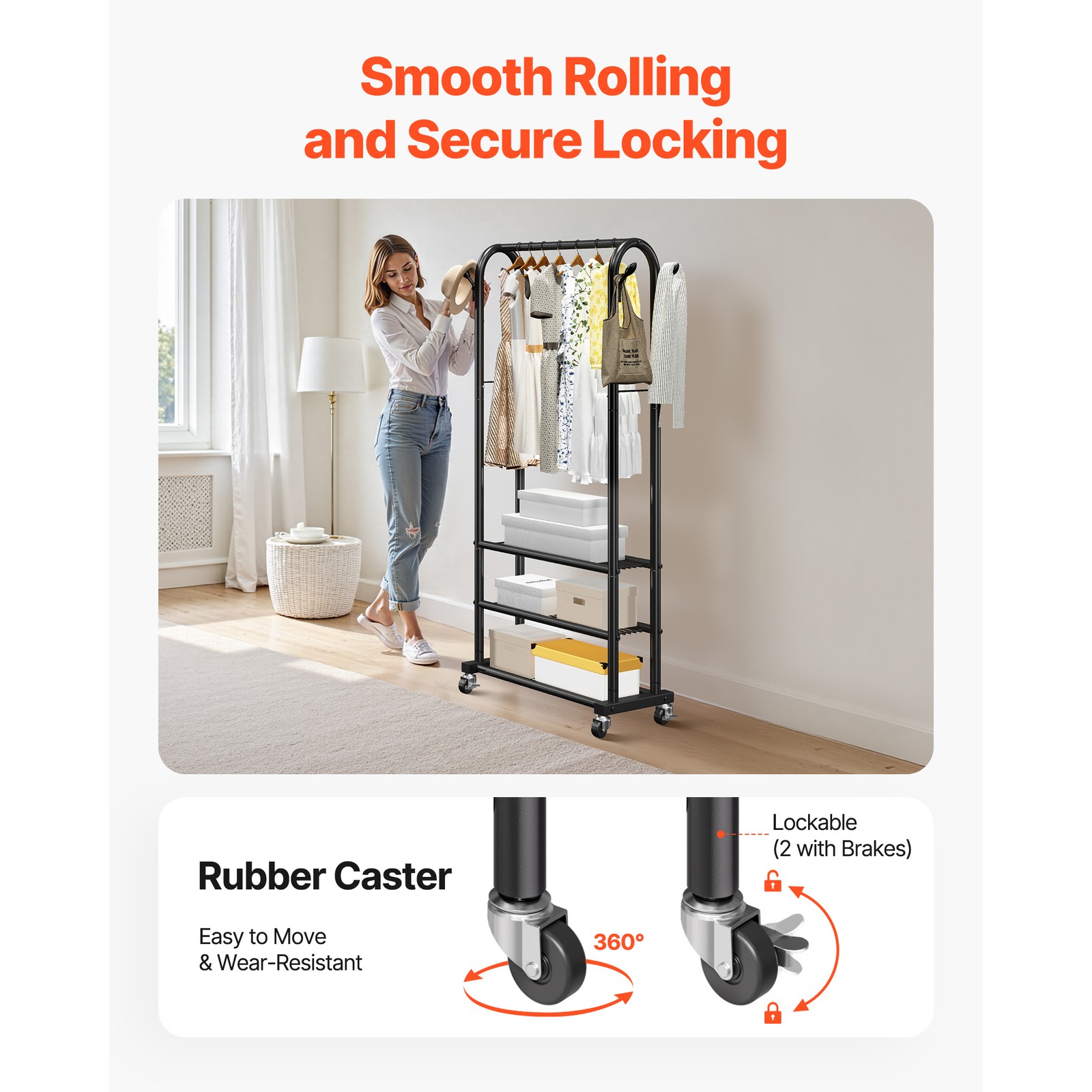 Uimoso Rolling Garment Rack Clothes Rack 3 Shelves & Hooks with Wheels , 99 lbs