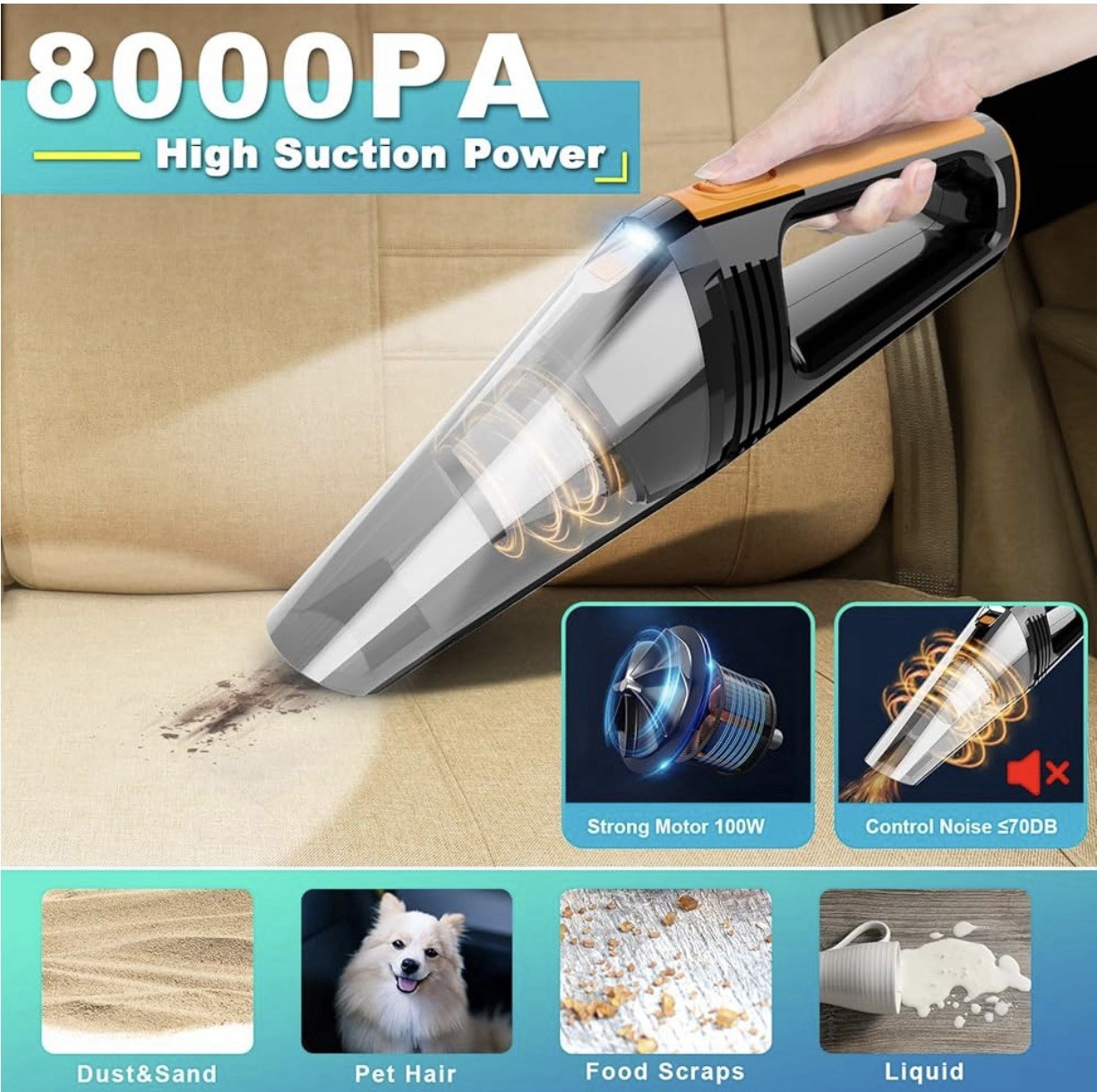 Portable Car Vacuum Cleaner 12V Handheld 8000pa With LED Light 16.4Ft Corded