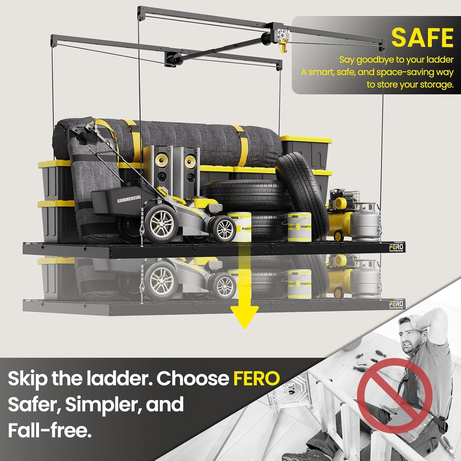 FERO Overhead Garage Storage Rack 4×8, 500 lb Heavy-Duty Capacity, Ceiling Mount