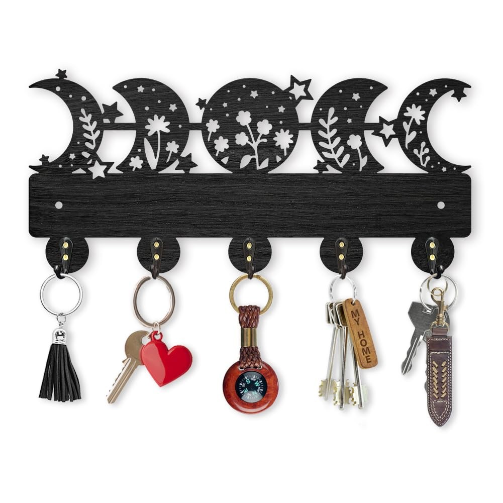 Moon Phase Star Coat Rack Wall Mount Wooden Floral Moon Key Holder for Wall 1…