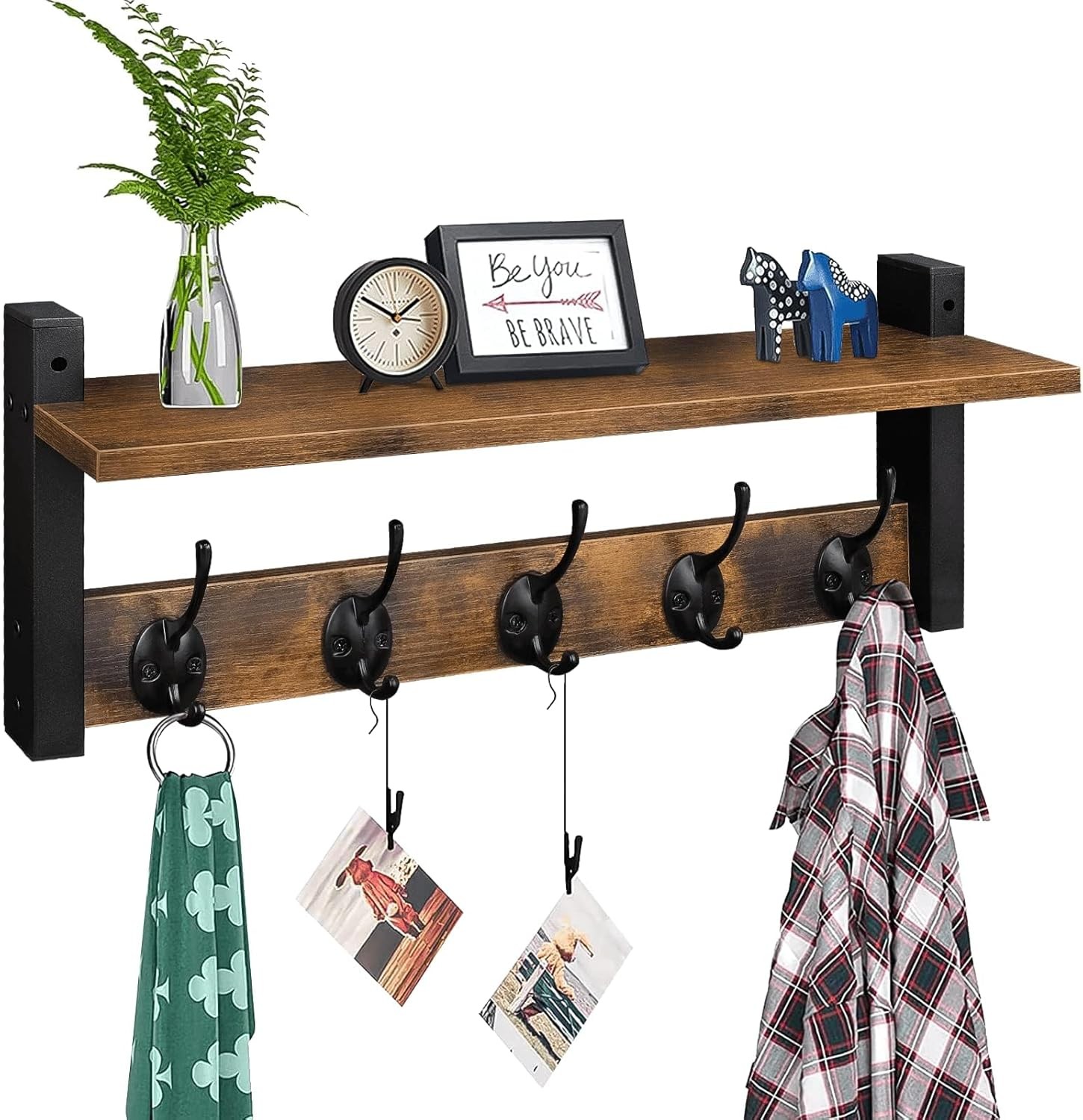 Wooden Wall-Mounted Coat Hanging Rack with Shelf and Hooks, Rustic – Brown Black