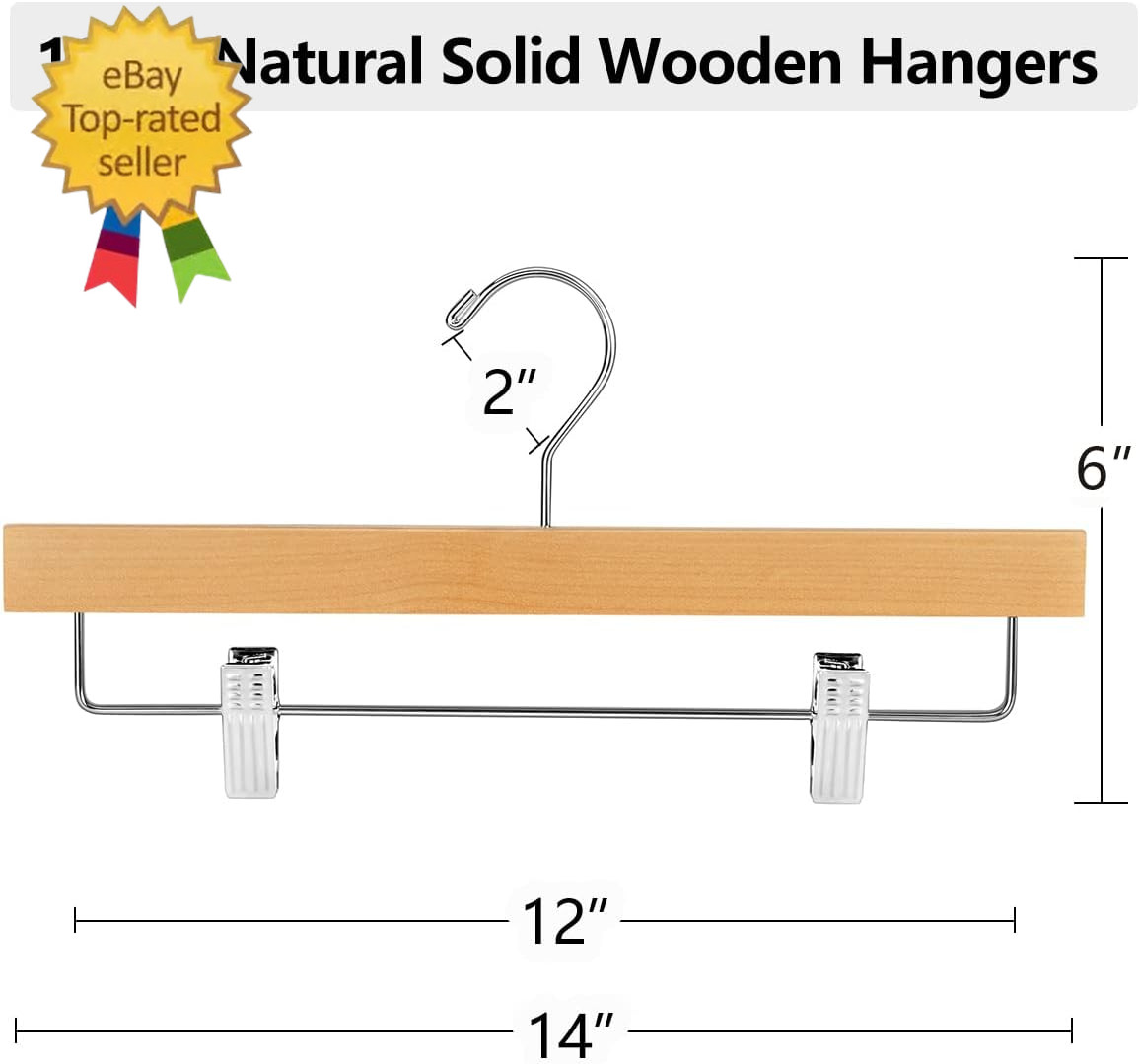 20Pcs Wooden Pants Hangers Solid Pants Hanger with Adjustable Clips 14 Inch Natu