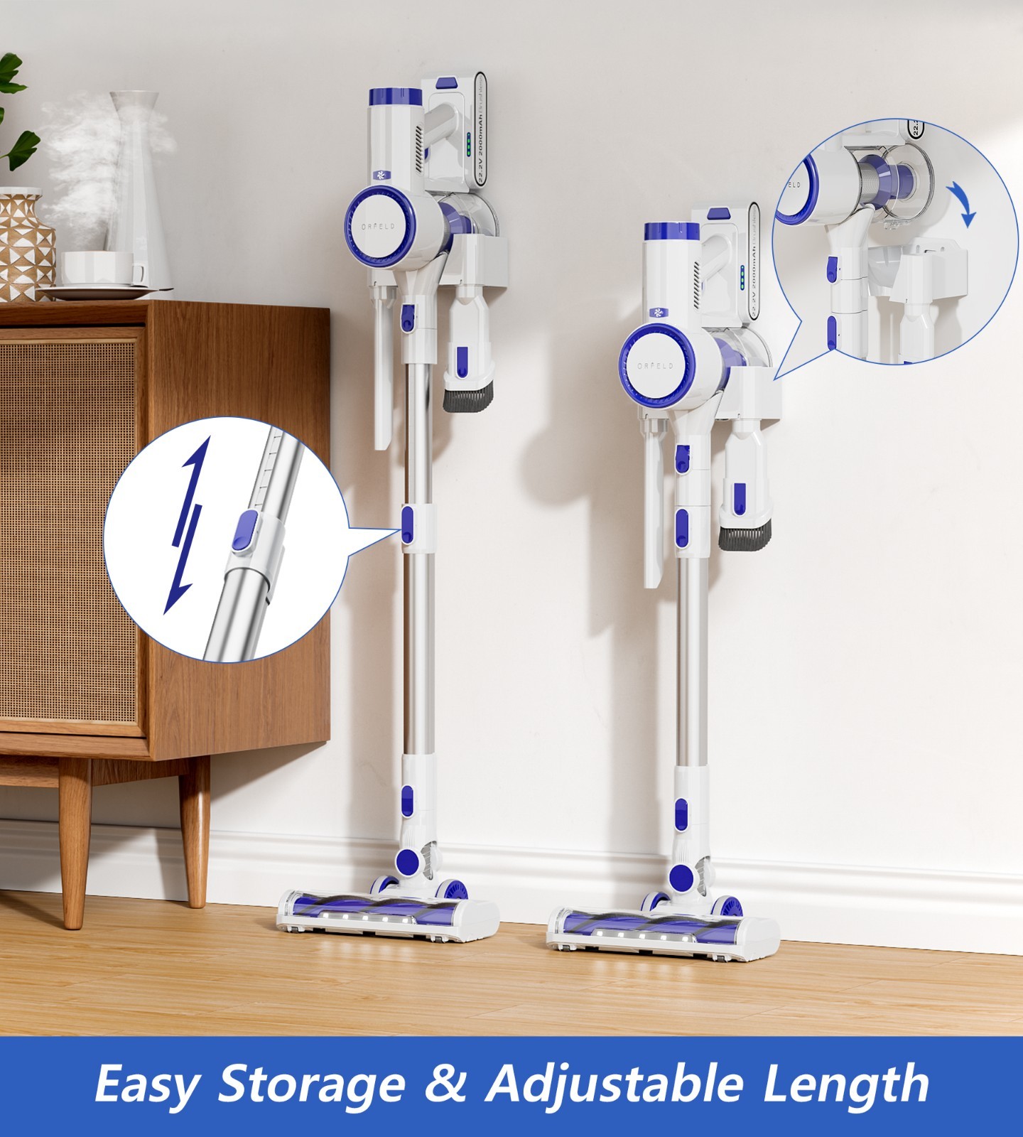 Cordless Vacuum Cleaner 65Kpa Suction Rechargeable 60min 1.5L Stick Lightweight
