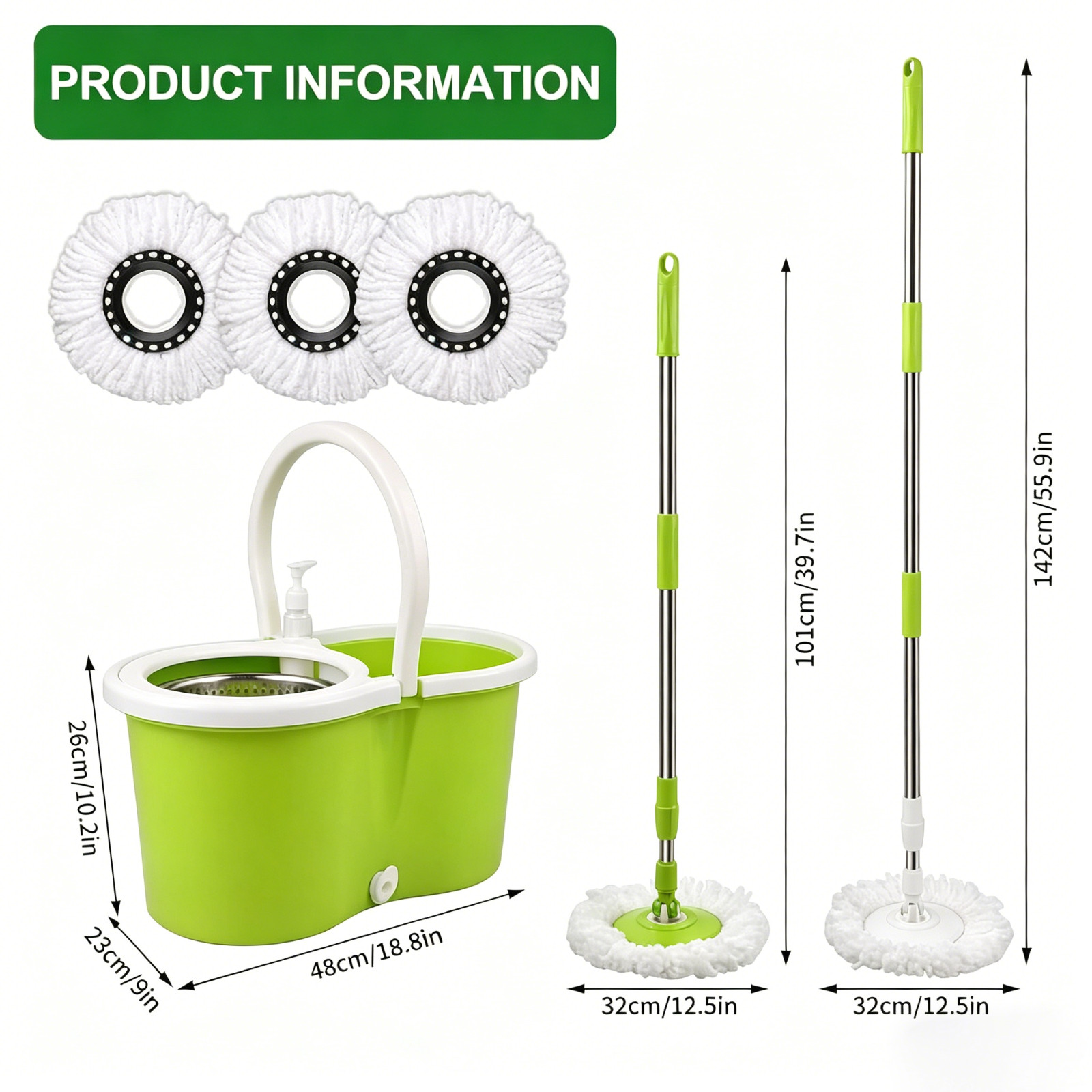 360° Spin Mop & Bucket Set w/ 3 Microfiber Heads, Stainless Steel Wringer