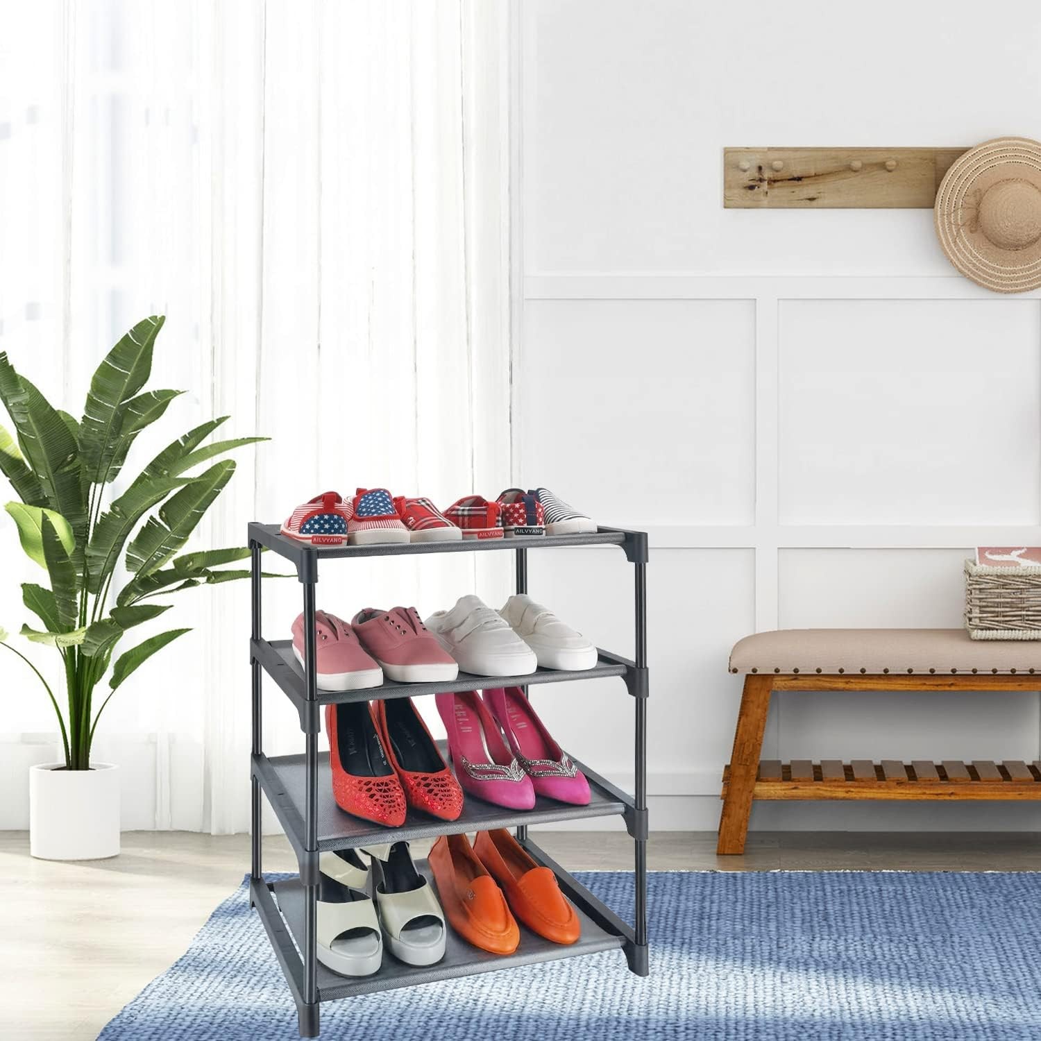 4 Tiers Small Shoe Rack,Narrow Stackable Shelf Organizer,Sturdy 4-tier