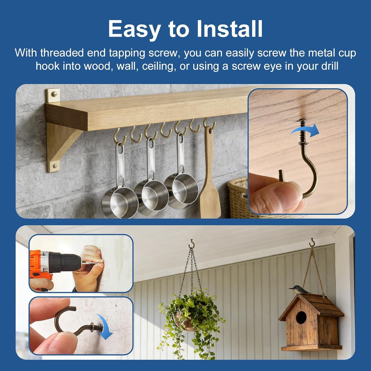 105 Pcs Cup Hooks Bronze Screw-in 6 Sizes Metal Ceiling | Bronze-Plated Steel,