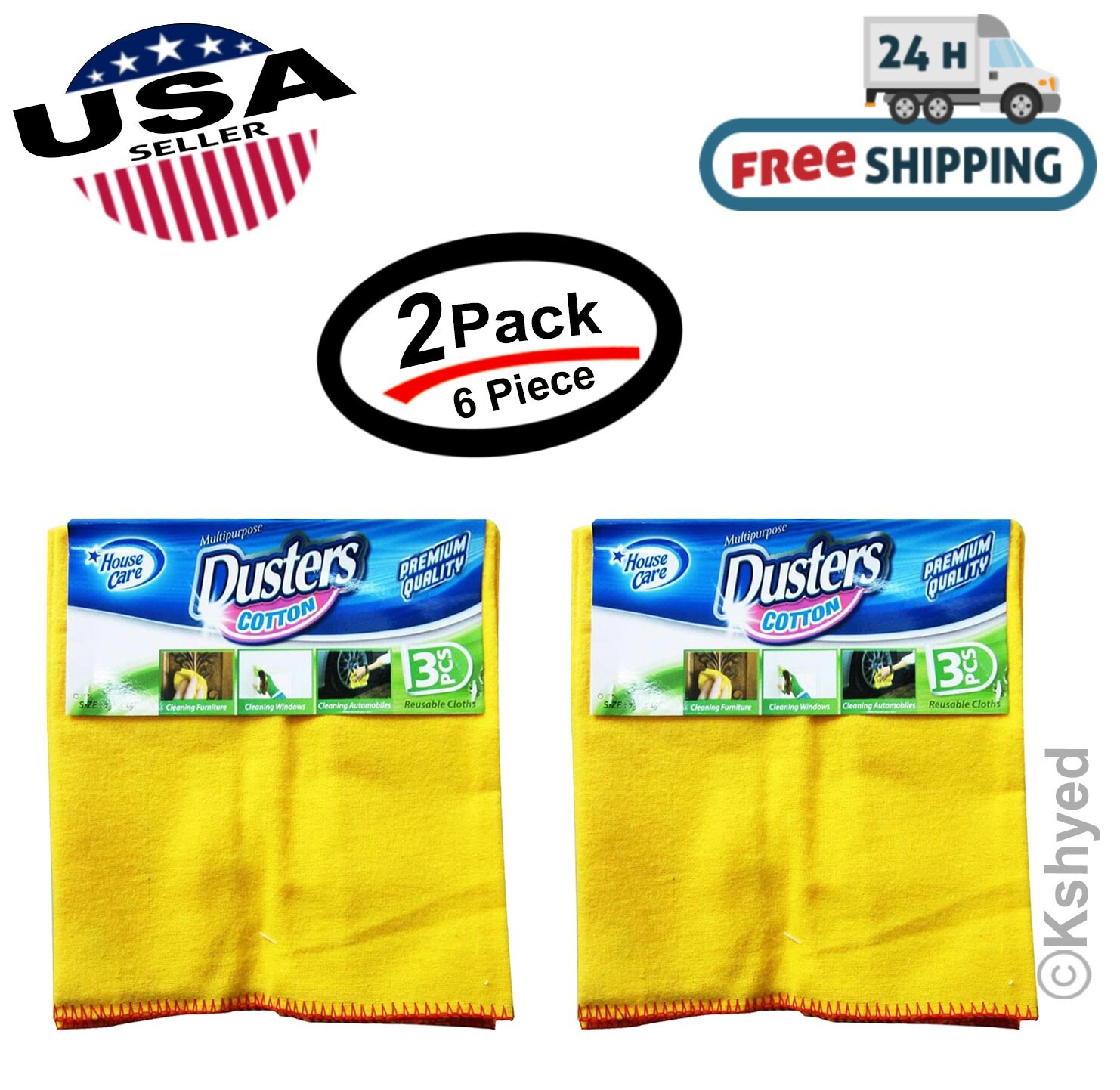 6 PCS (2 Pack) 100% Pure Cotton Yellow Multi-Purpose Dusters Cleaning Cloths-New