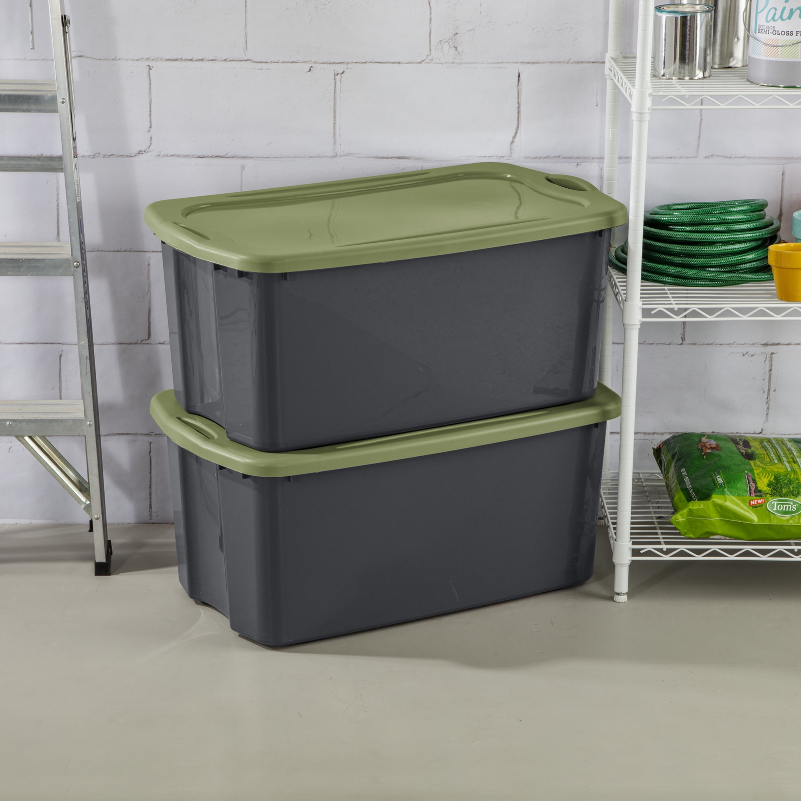 30 Gal. EZ Carry, Clear Plastic Storage Bin, Full-Grip Handles, Gray/Green