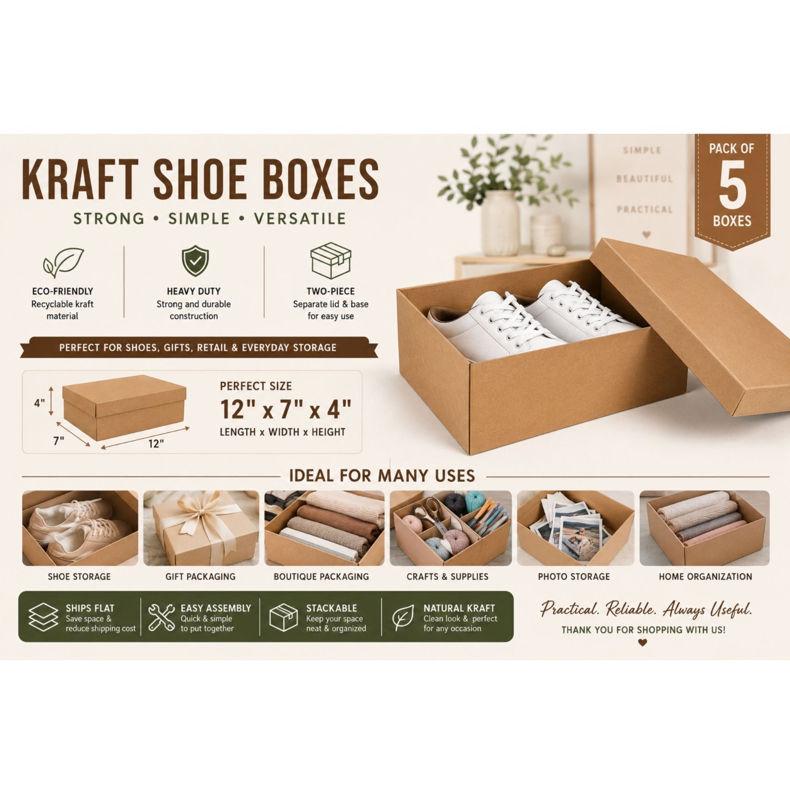 5 Kraft Shoe Boxes 12 x 7 x 4 Cardboard Gift Boxes with Lids Heavy Duty Storage