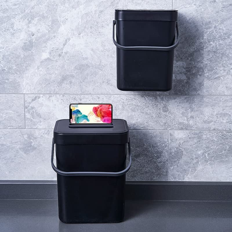 Small Trash Can with Lid 5L/1.3 Gallon Black Kitchen Hanging Mountable