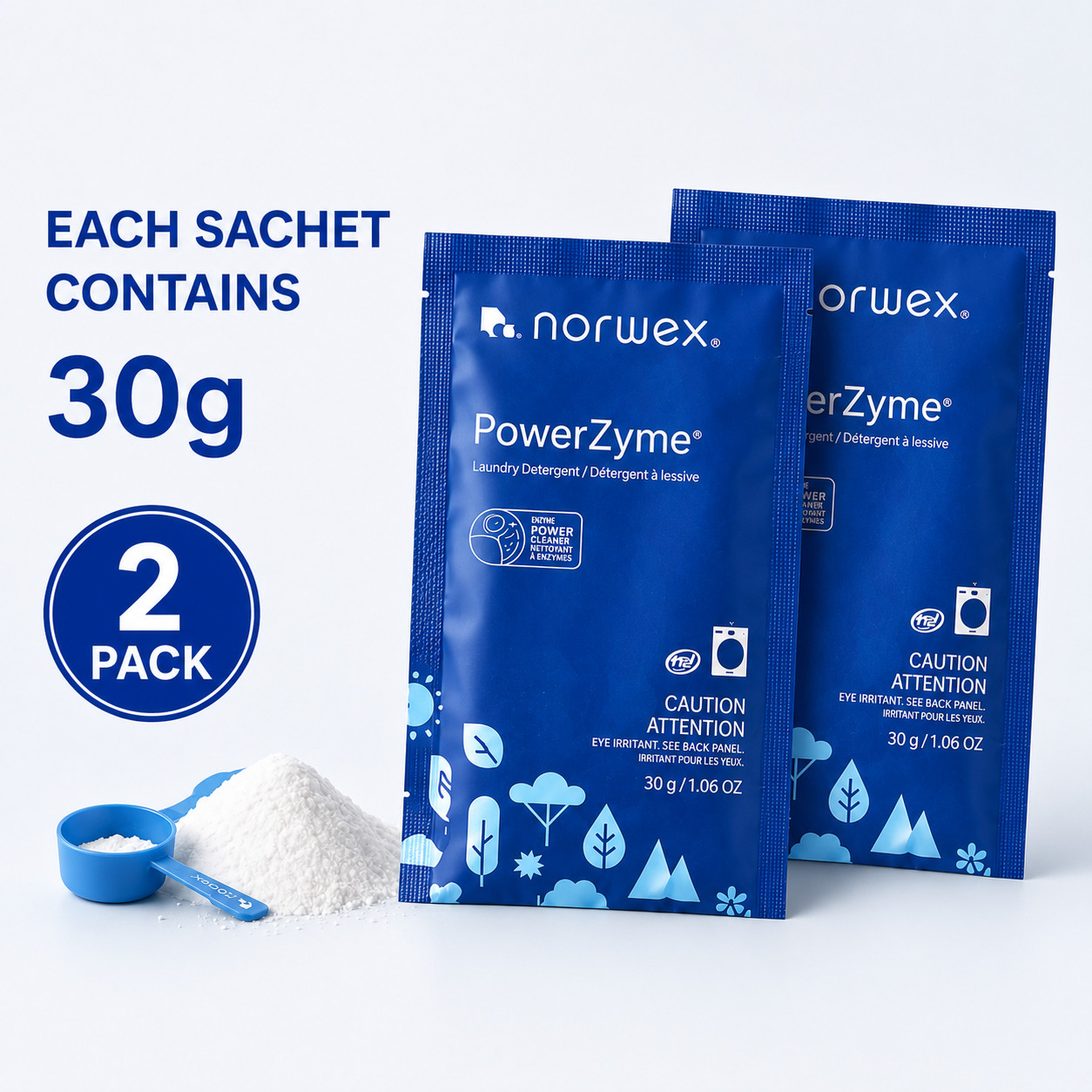 NORWEX PowerZyme Laundry Detergent Powder 2 Sachet Travel Packets 30g x 2 Pack