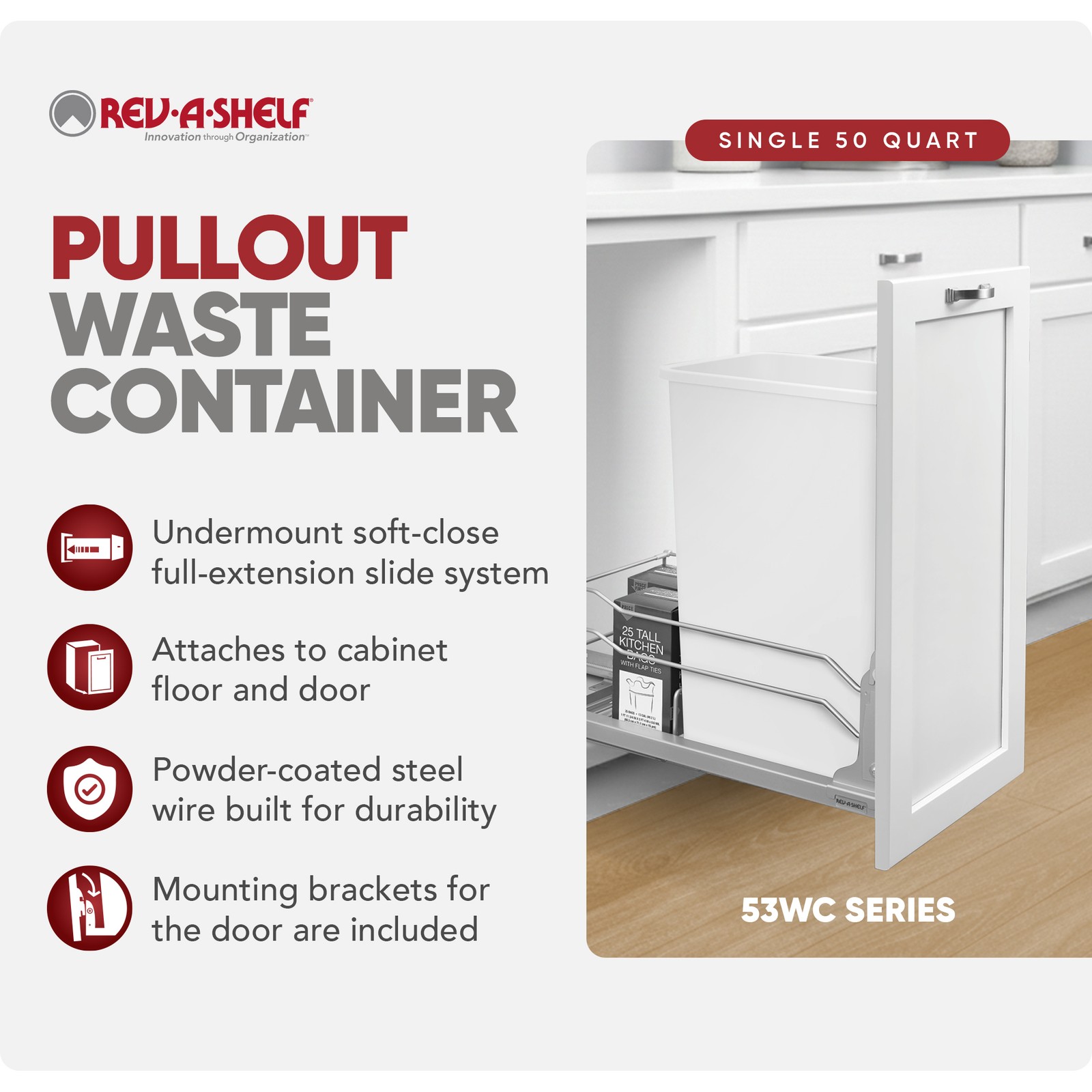 Rev-A-Shelf Pullout Kitchen Trash Can 50 qt. with Soft-close, 53WC-1550SCDM-111