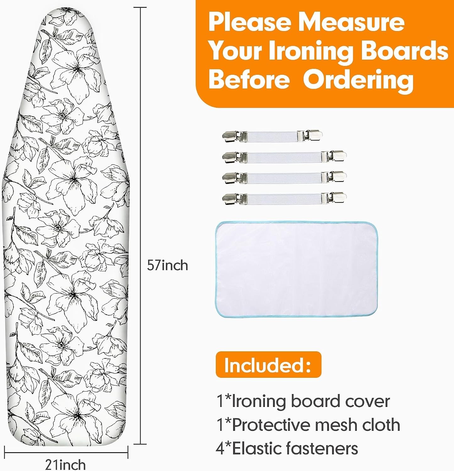 Floral White 21″ x 57″ Scorch-Resistant Ironing Board Cover & Extra Thick Pad